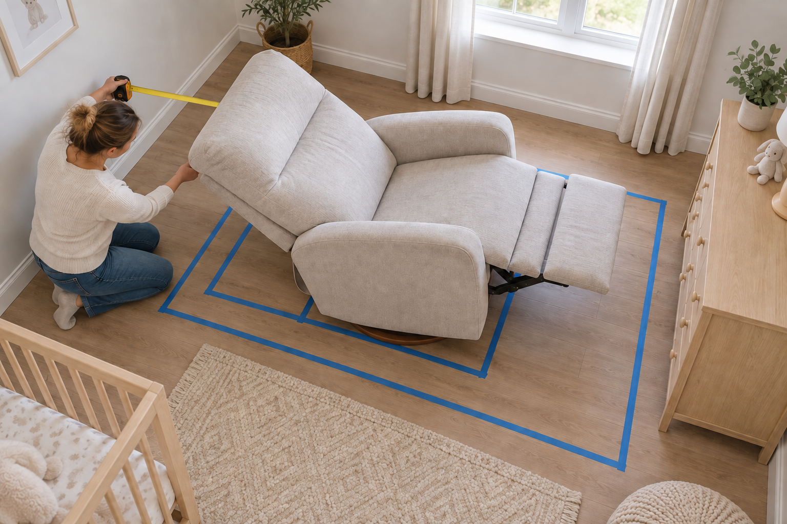 Adult measuring the clearance behind a fully reclined nursery glider while its footrest extends toward a dresser.