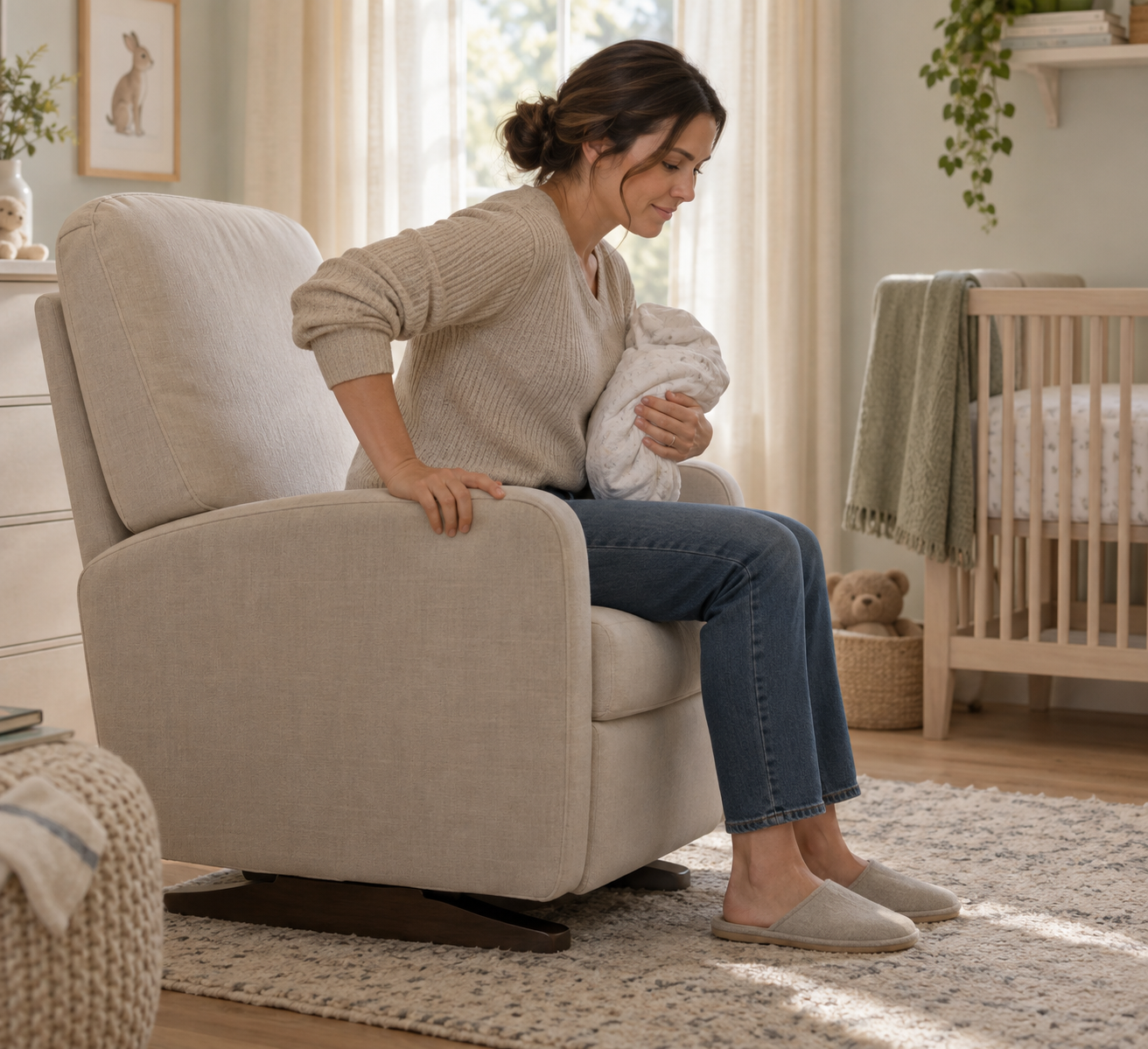 Adult testing a nursery glider with both feet on the floor while holding a bundled blanket in one arm.
