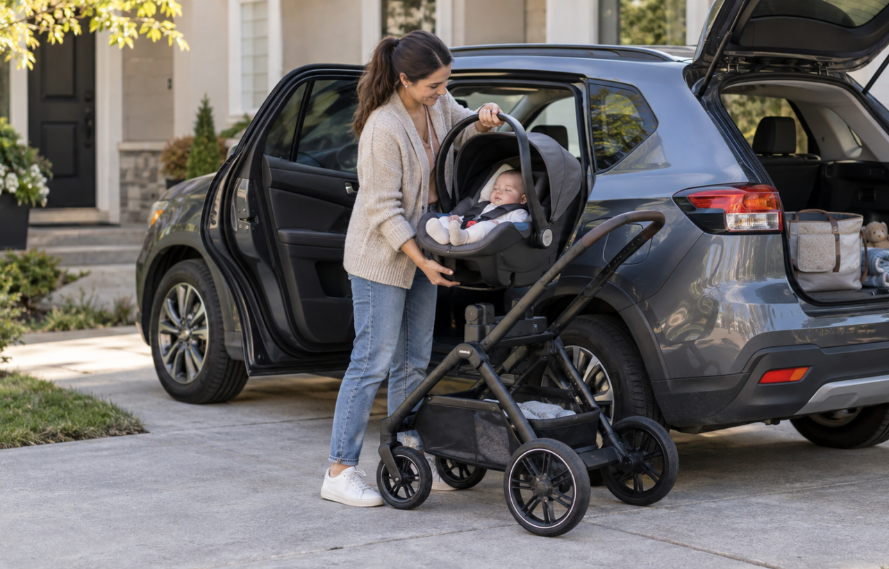 A caregiver attaches an infant car seat carrier to a stroller beside an open family car.