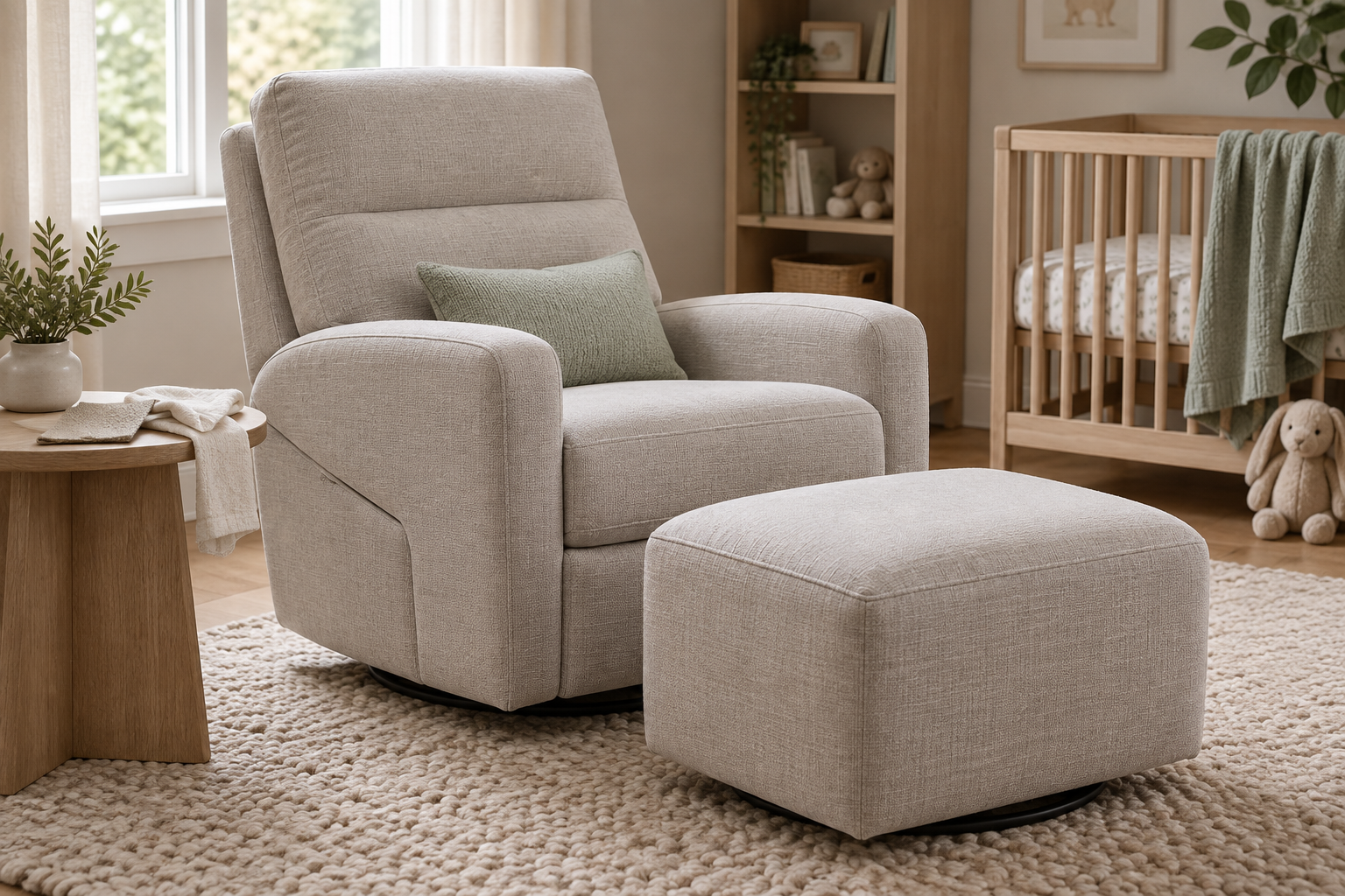 Nursery glider with woven upholstery, padded arms, concealed swivel base, protected reclining mechanism and matching ottoman.