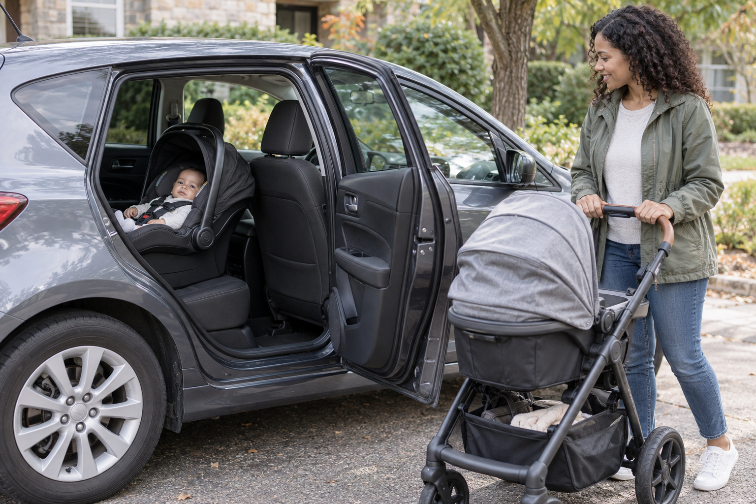 An infant carrier fits in a compact car while a caregiver stands comfortably at the stroller handle outside.
