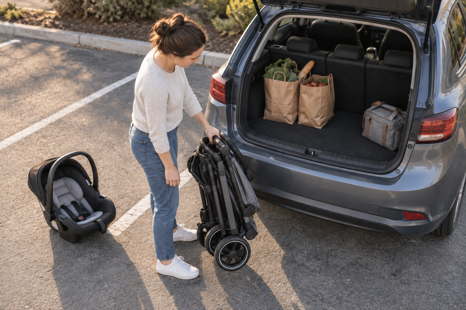 A caregiver folds a stroller beside a compact car trunk containing groceries and a diaper bag.