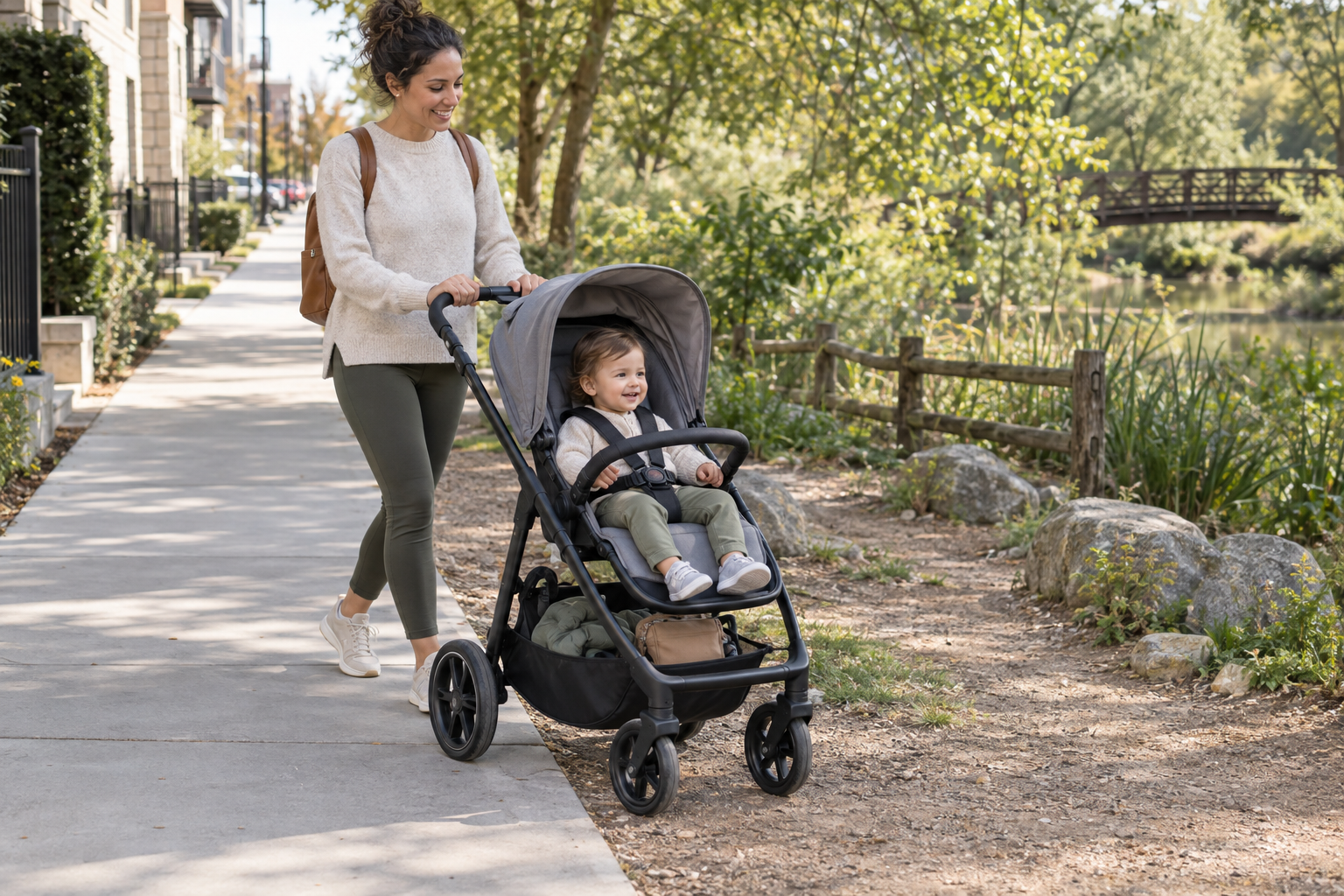 A caregiver pushes a toddler in a stroller with a storage basket along a path that changes from pavement to park terrain.