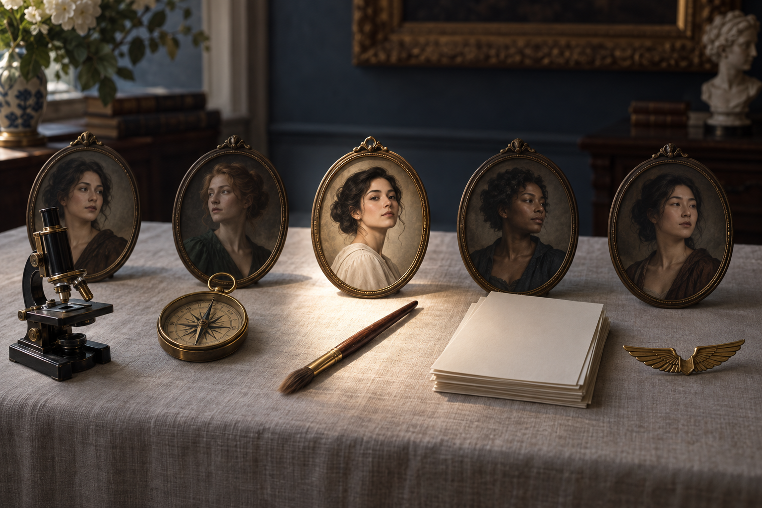 Unlabeled portrait medallions of fictional women are arranged with a microscope, compass, paintbrush, blank papers, and a wing-shaped pin.