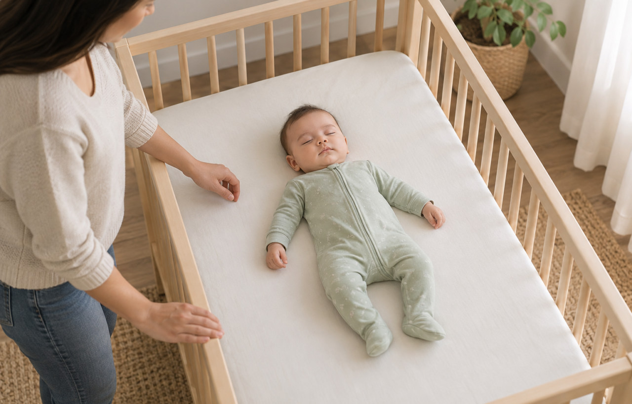 An infant sleeps on their back in an empty crib with a firm flat mattress while a caregiver stands beside the crib.