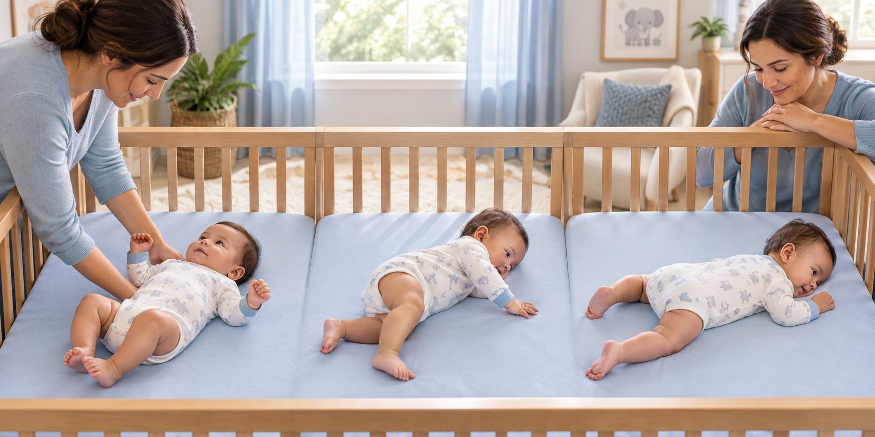 A three-stage illustration shows a caregiver placing an unswaddled infant on their back, the infant rolling independently, and the infant resting on their stomach in an empty crib.