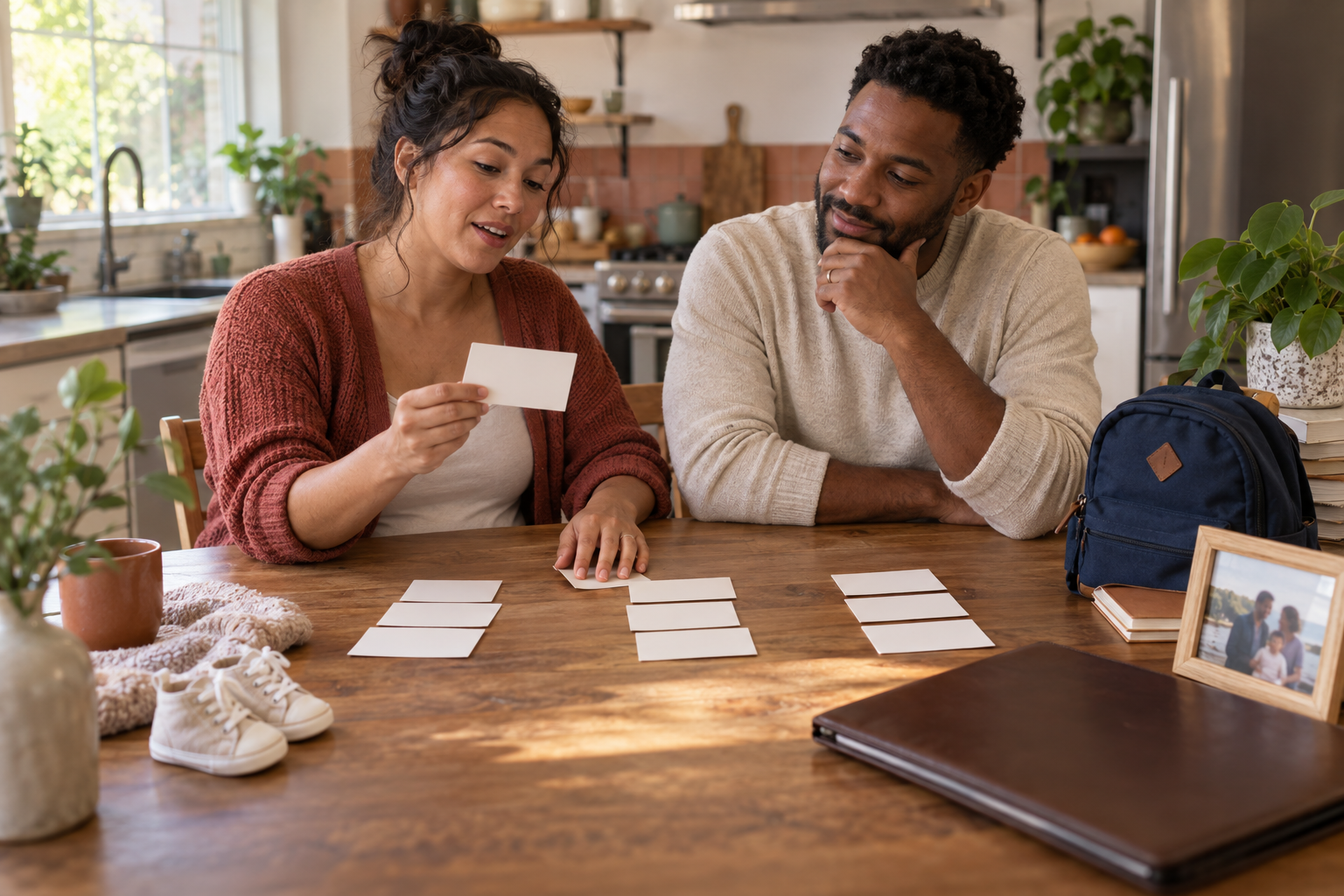 Two parents sort blank cards at a kitchen table beside a baby shoe, school backpack, office folio, and family photo frame.
