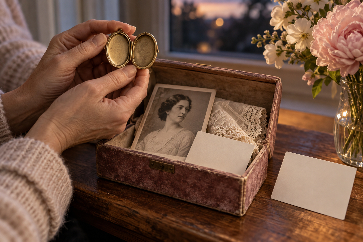 A parent holds an open locket above a memory box with an unlabeled portrait and keepsakes, while a blank card rests beside flowers.