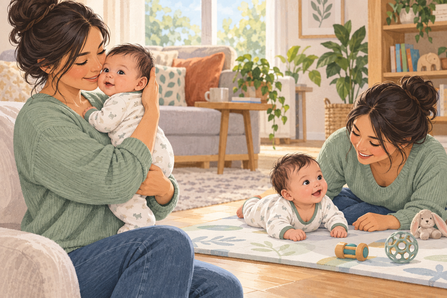 A caregiver holds an awake baby upright after feeding and supervises the baby during tummy time on a floor mat.