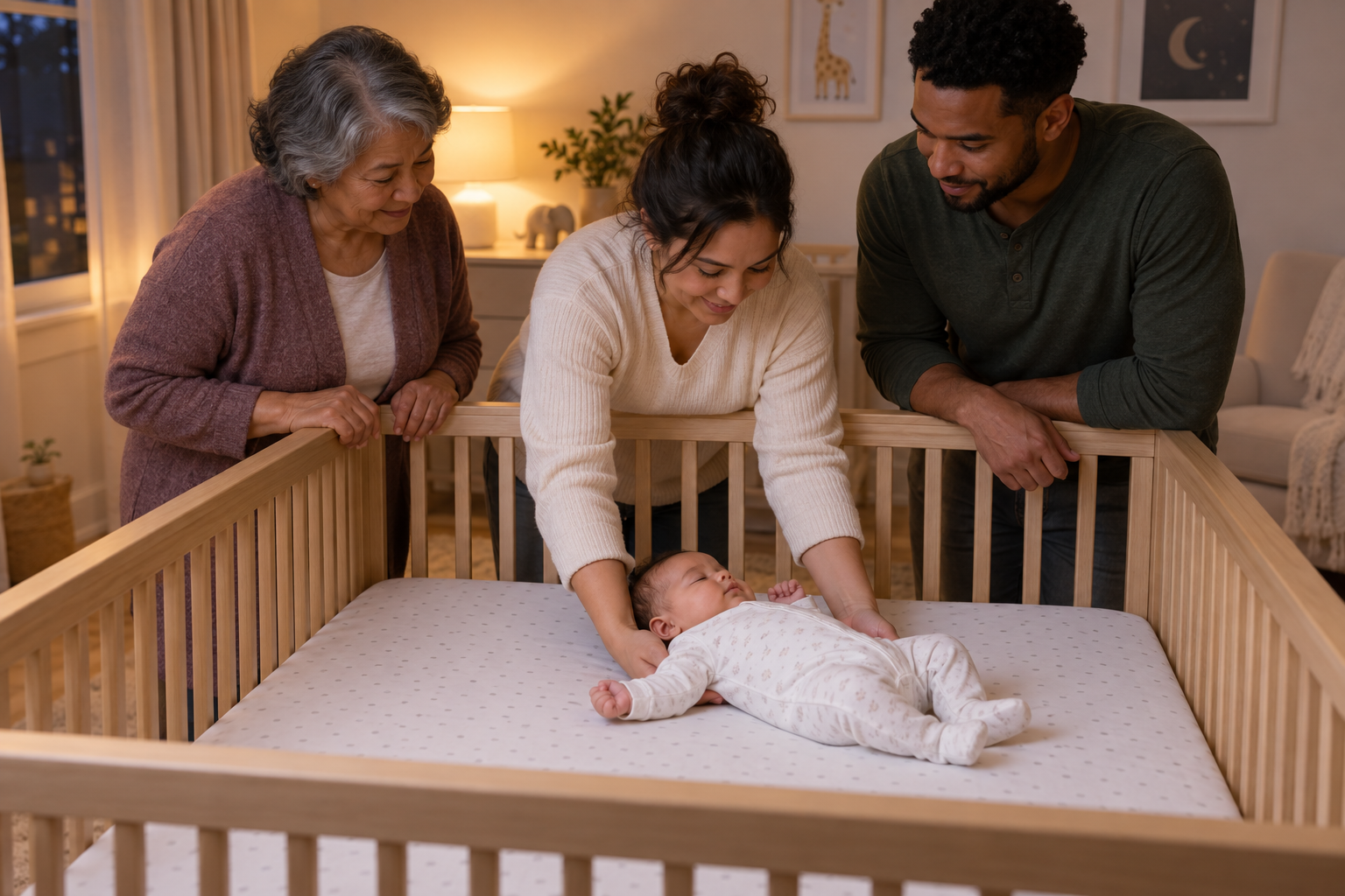 Three caregivers watch as one of them places an infant on their back in an empty crib with a firm flat mattress.