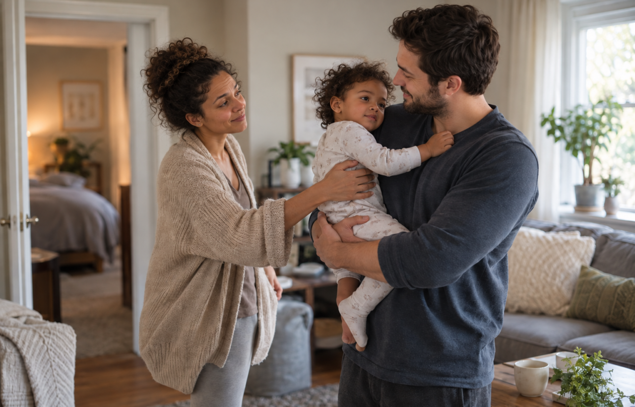 A tired parent hands a toddler to another adult before stepping away to rest.