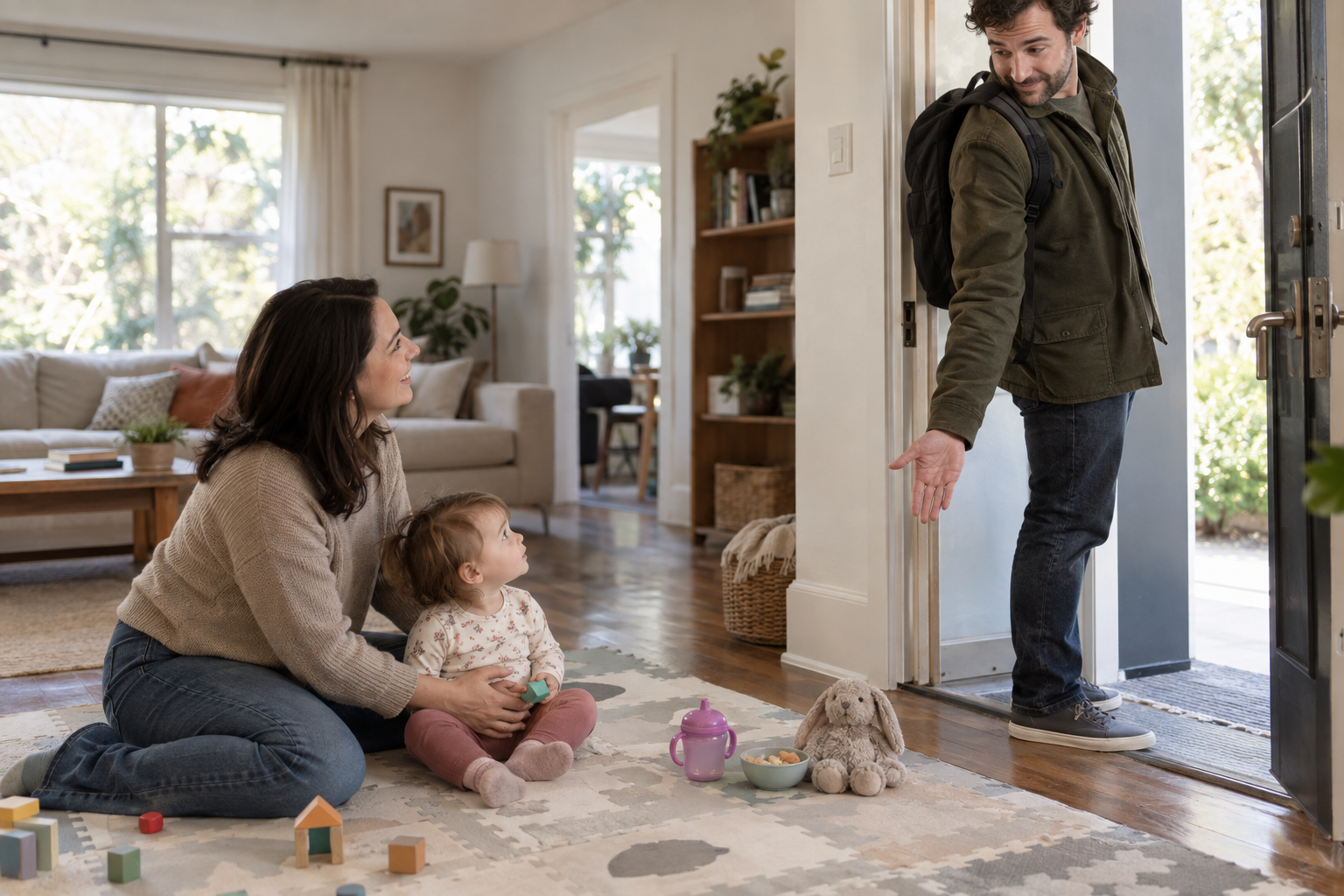 One parent confirms a childcare handoff while another adult attends to a toddler in a safe play area.