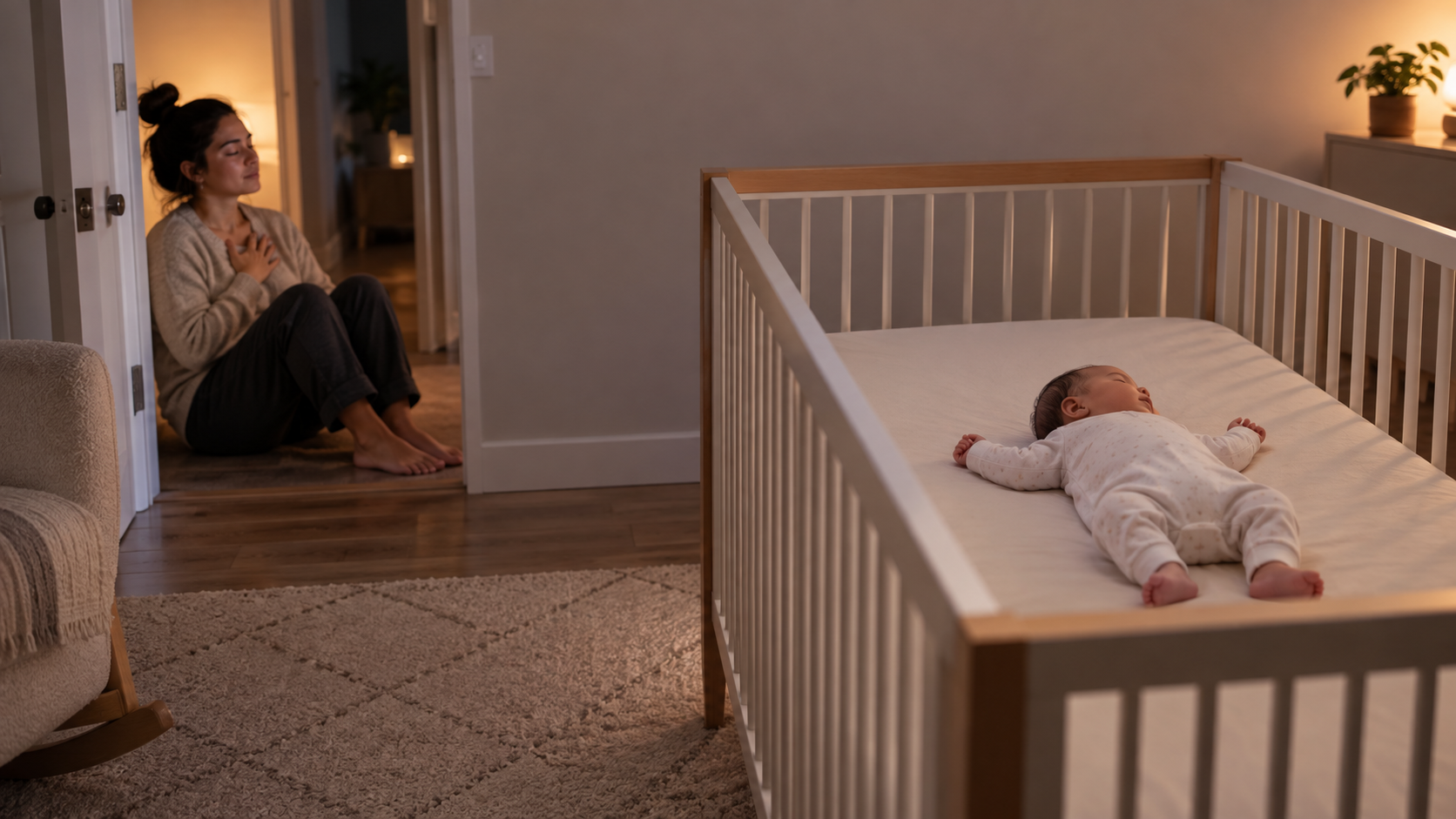 A parent takes a brief pause near an open nursery doorway while an infant lies on their back in an empty crib.
