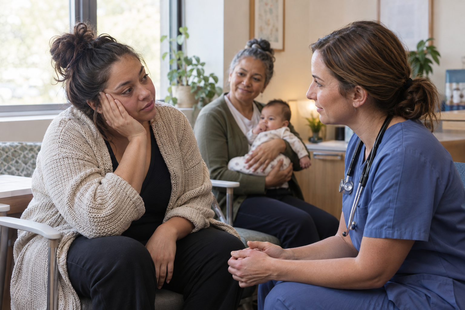 A parent speaks with a healthcare professional while a trusted adult holds the baby nearby.