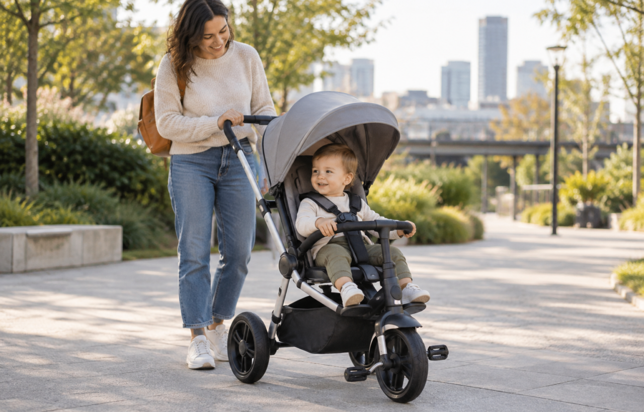 Caregiver standing beside an unbranded convertible stroller-trike with a securely seated toddler on a park path.