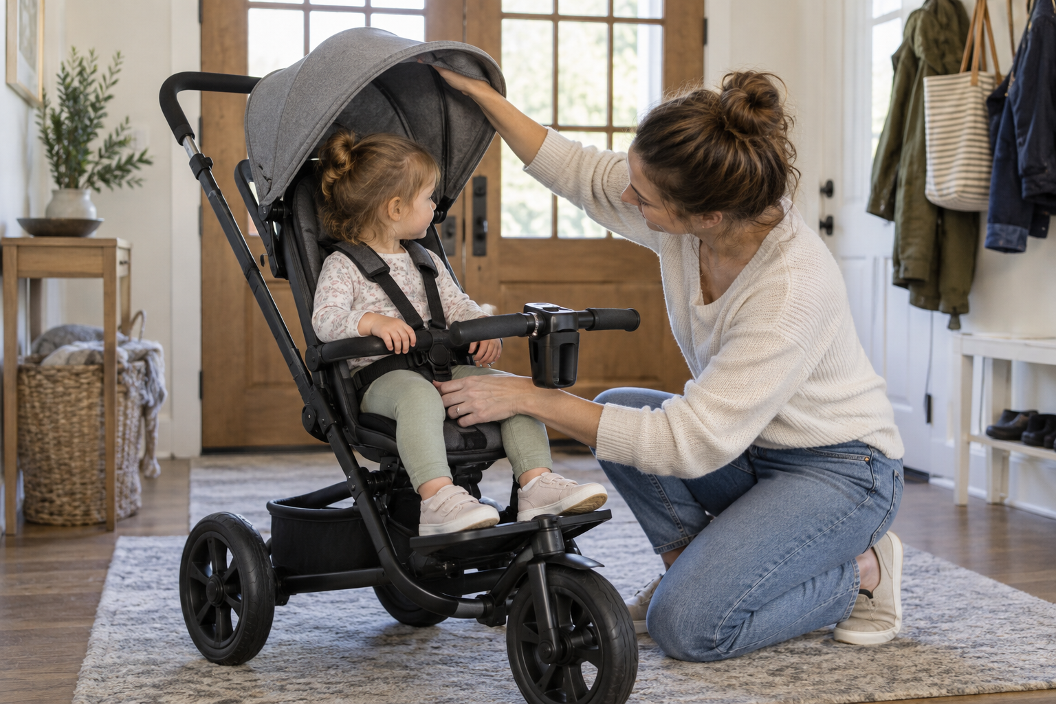 Caregiver checking a toddler's harness position, seating space, and footrest reach in a convertible stroller-trike.