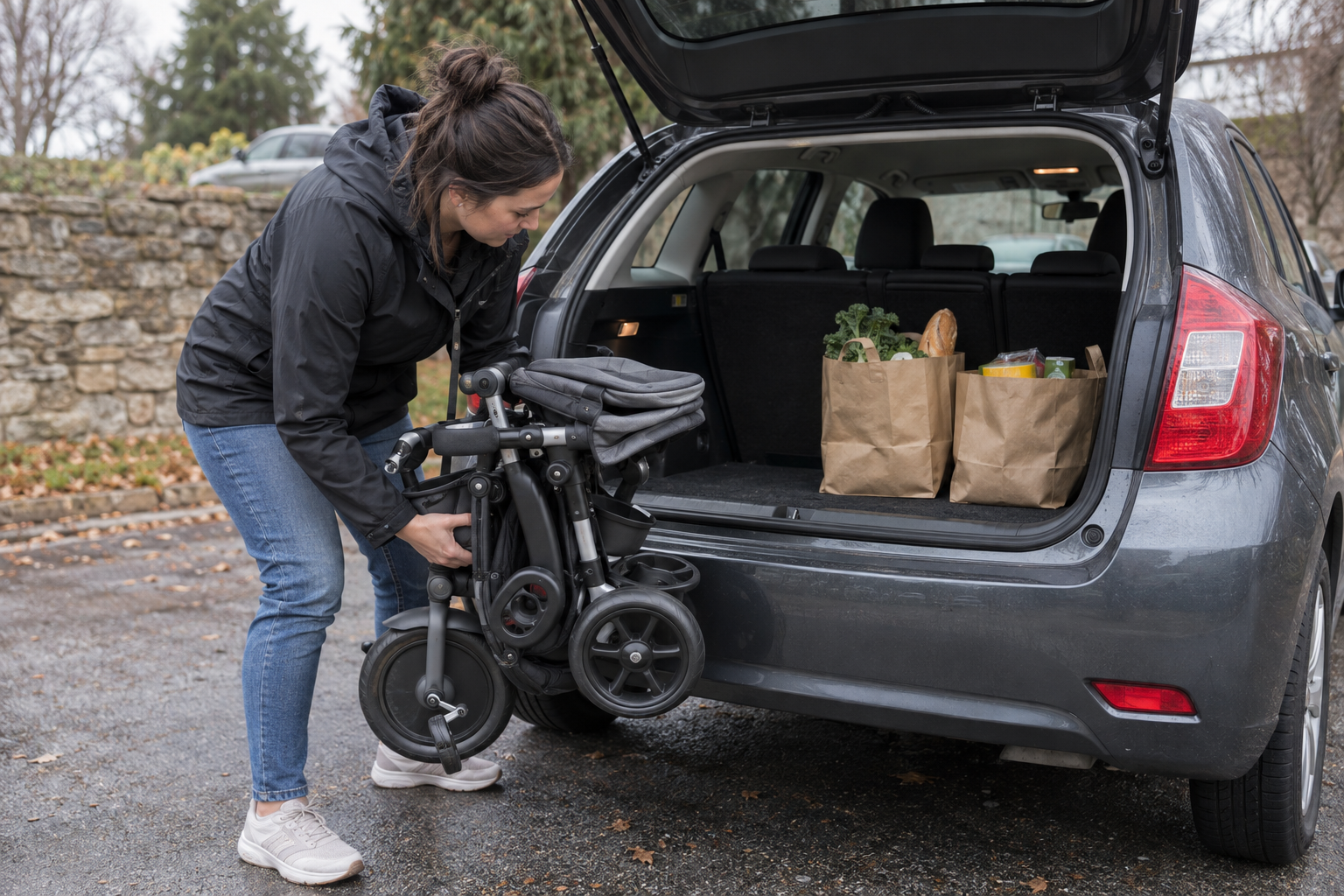 Partially folded convertible stroller-trike being fitted into the cargo area of a compact hatchback beside grocery bags.