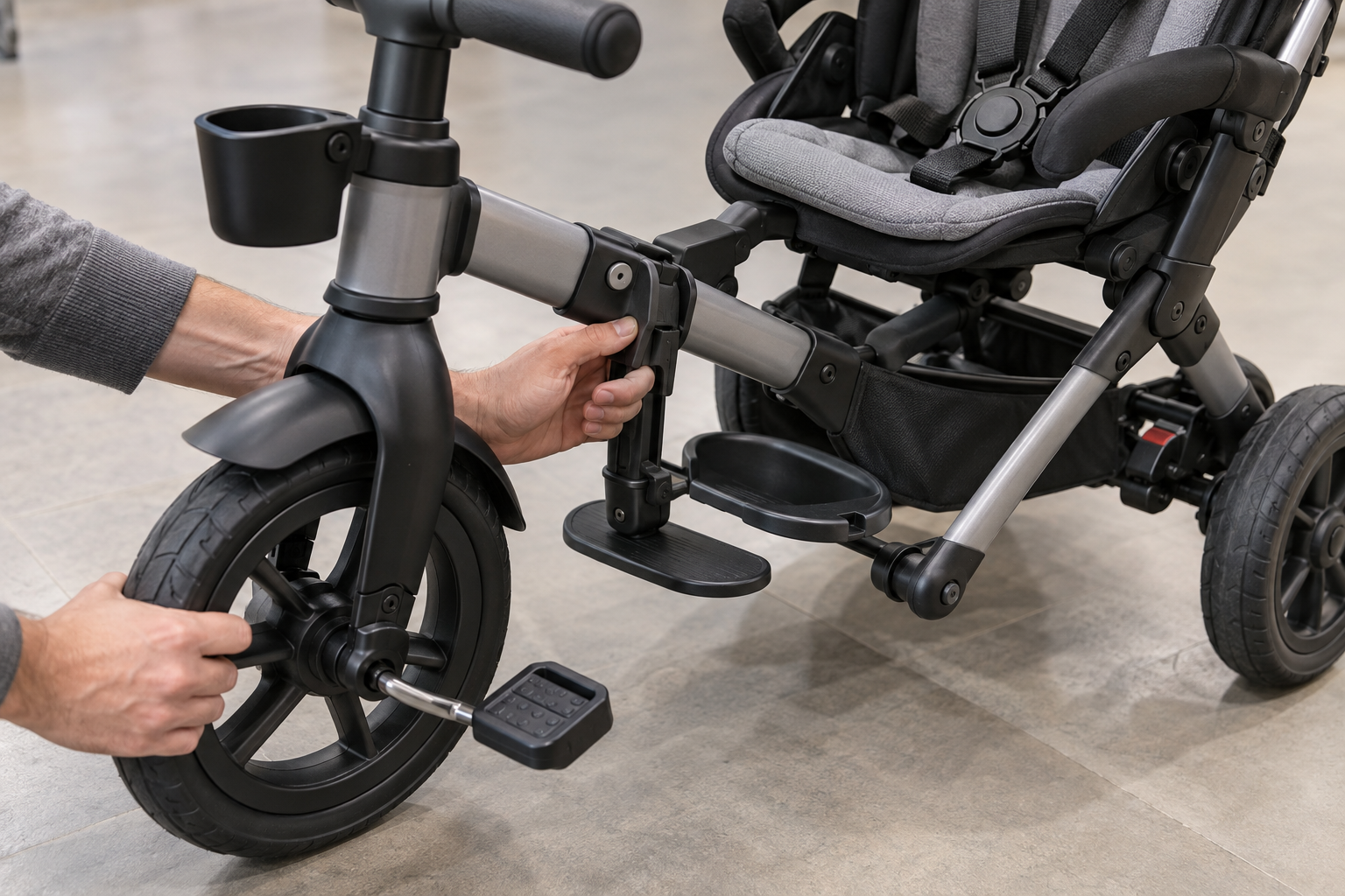 Adult hands inspecting the latch, wheel, brake, buckle, and frame connections of a convertible stroller-trike.