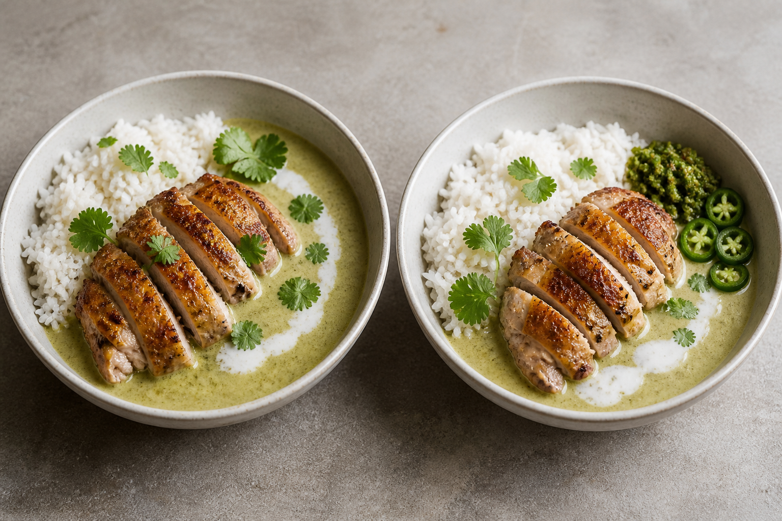 Two bowls of green curry chicken and rice, with sliced green chiles and chile relish added to only one bowl.