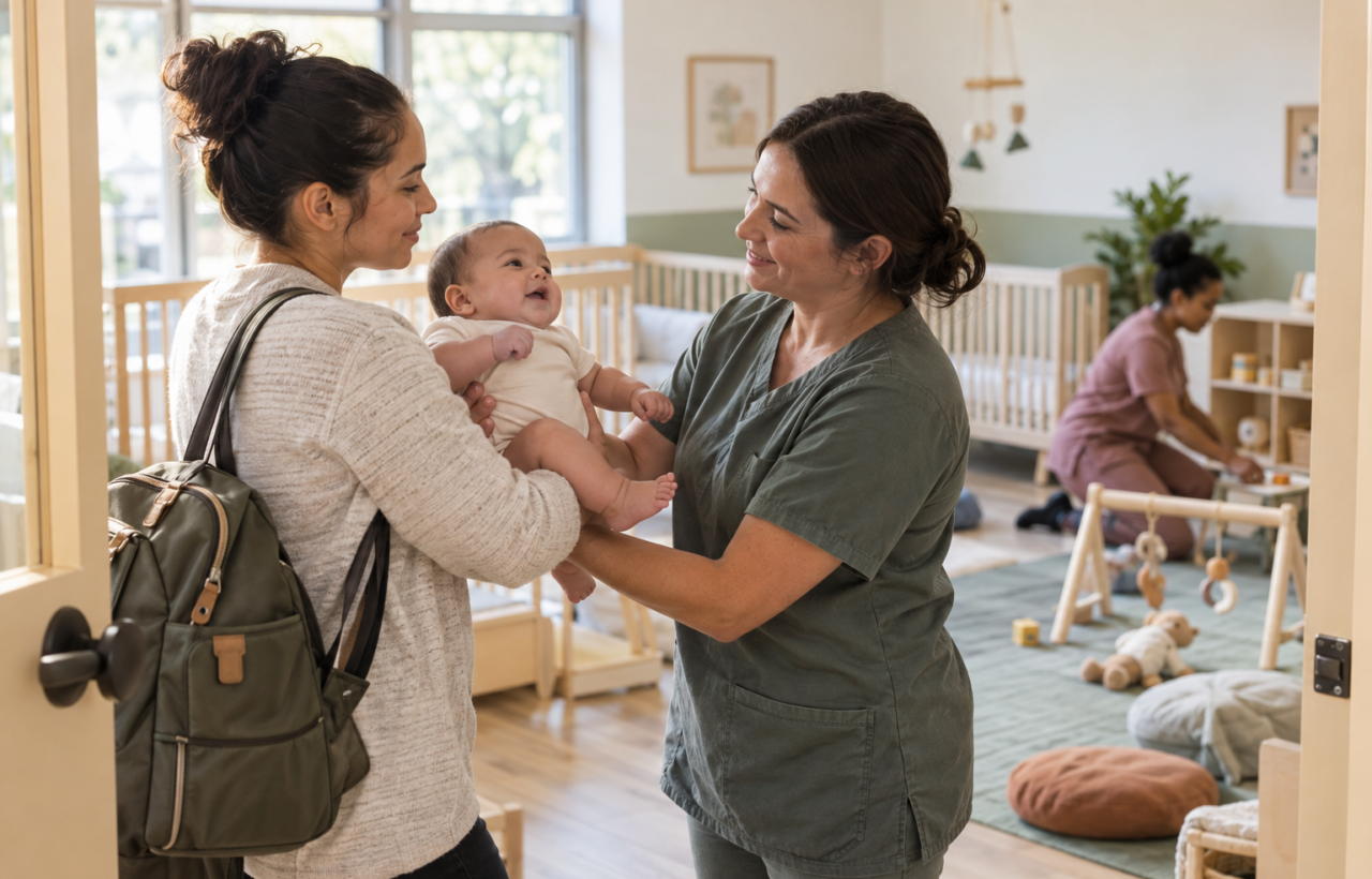A parent gently hands an infant to a daycare caregiver in a calm, sunlit nursery.