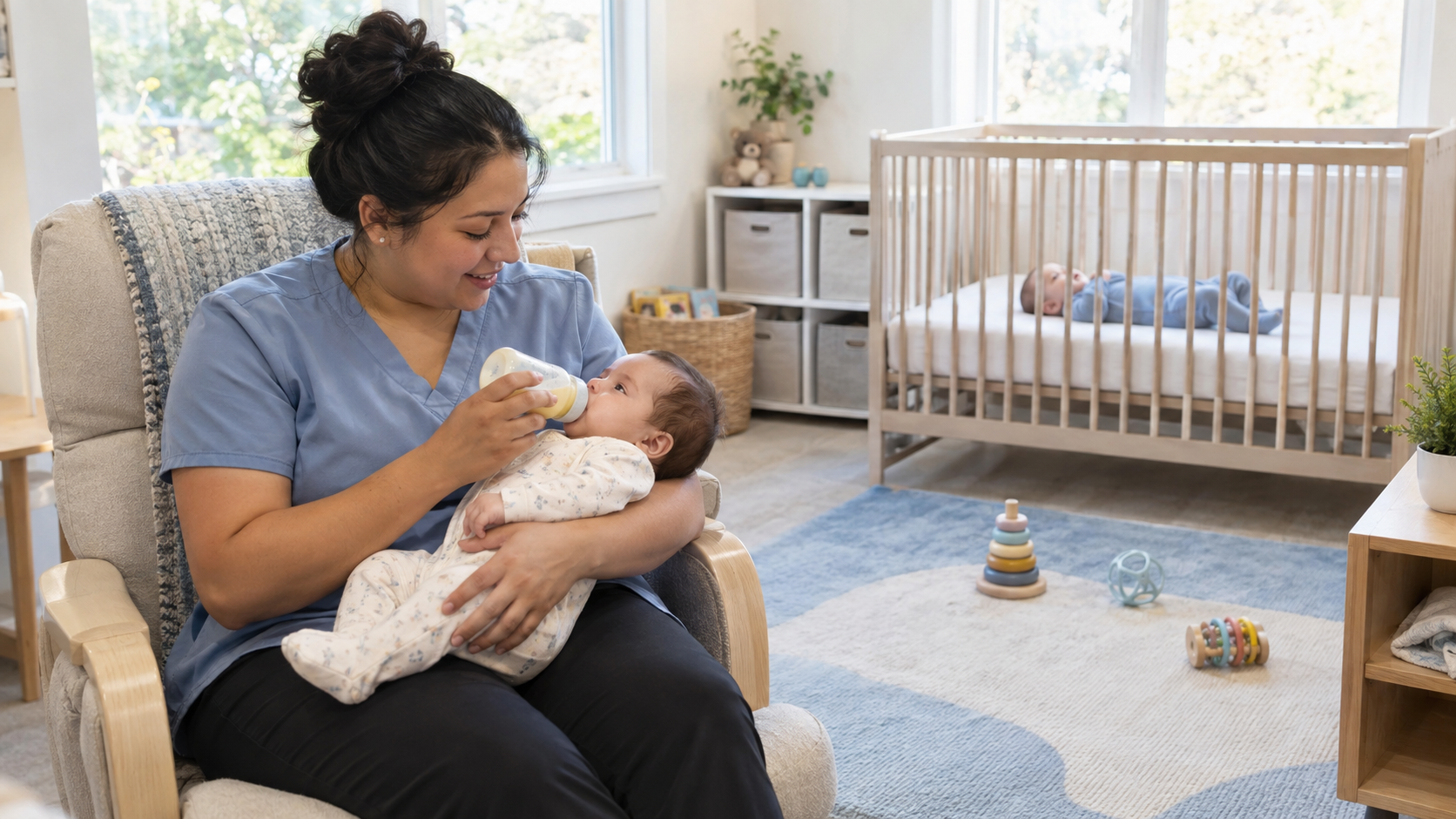 A daycare caregiver bottle-feeds an infant while another baby sleeps on their back in an empty crib nearby.