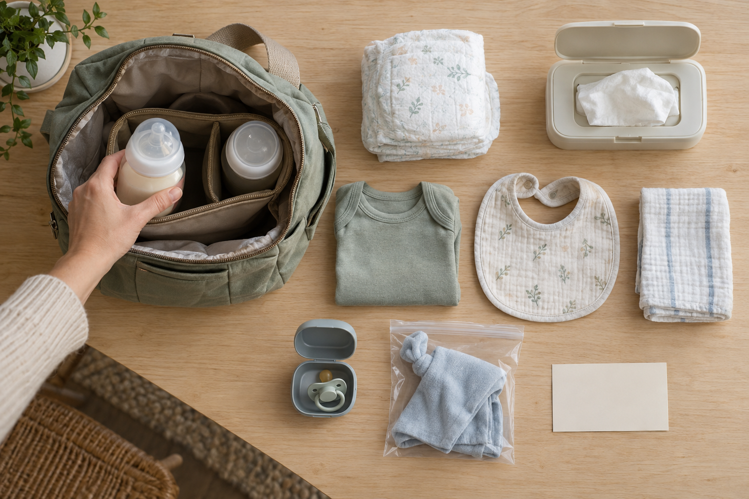 An open daycare bag is surrounded by bottles, diapers, wipes, spare clothing, a bib, a burp cloth, and a pacifier case.