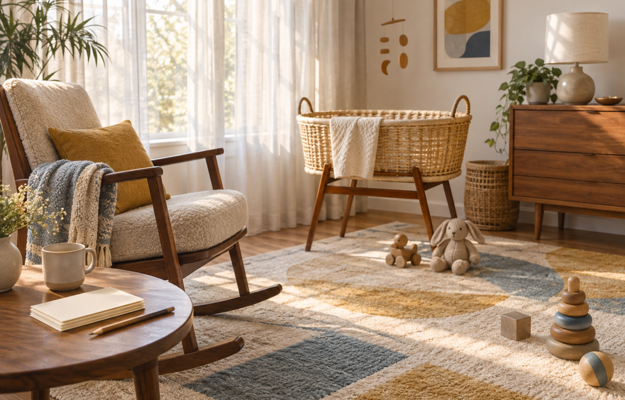 A modern nursery with a woven bassinet, walnut rocking chair, wooden toys, and blank cream cards on a side table.