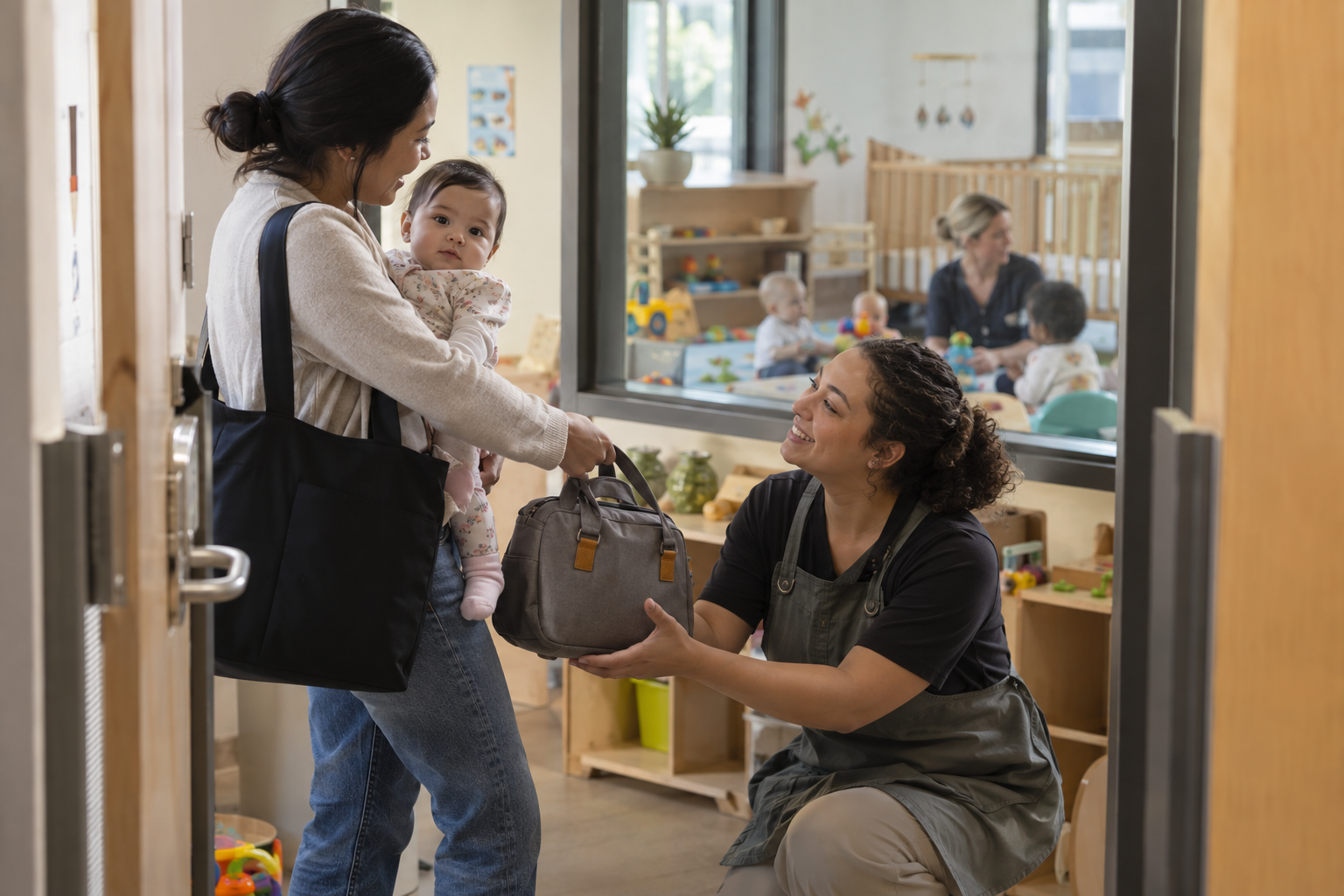 A daycare caregiver greets a parent holding an infant during a calm morning drop-off.