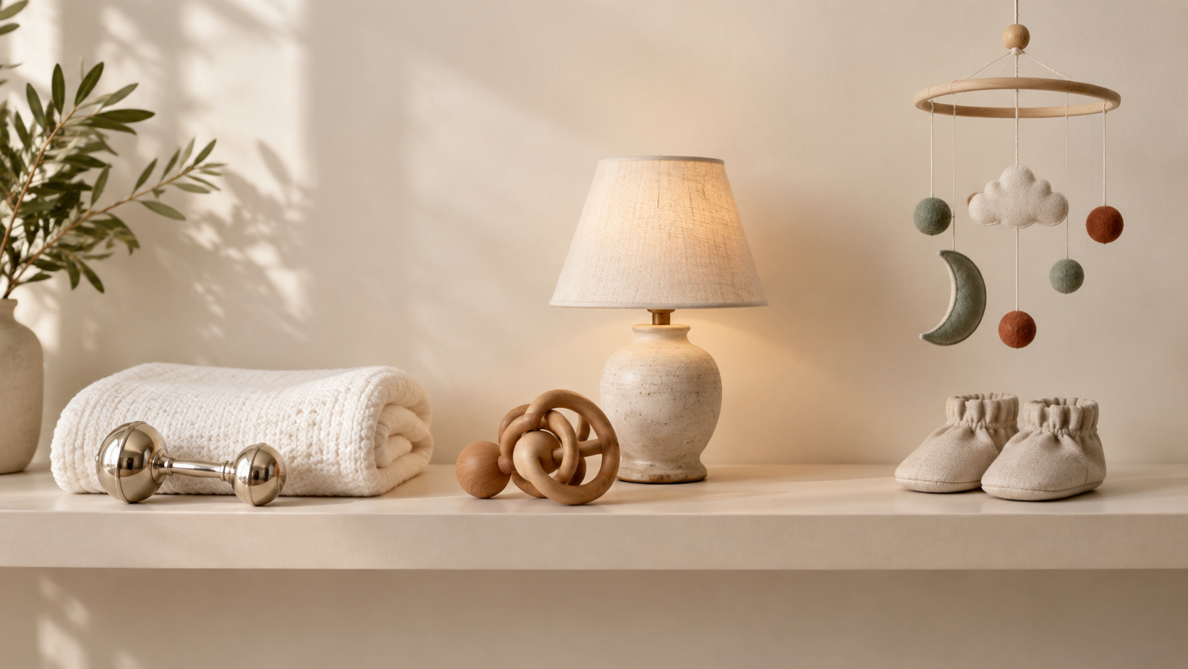 Three coordinated baby keepsake arrangements combine classic, nostalgic, and modern objects on a neutral shelf.
