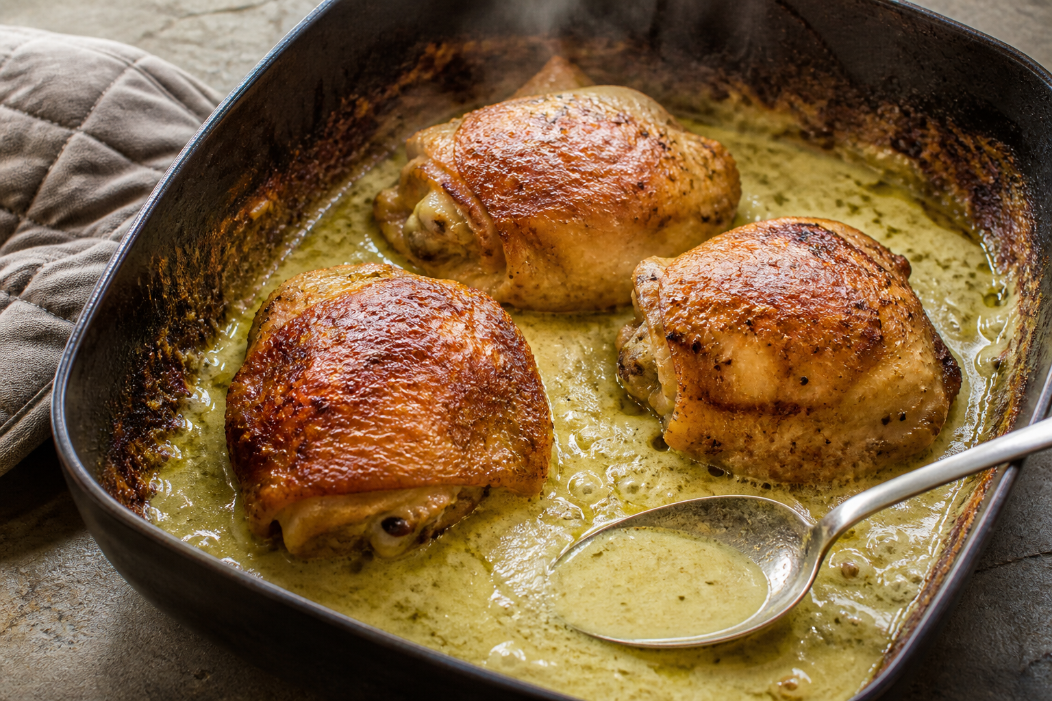 Crisp golden chicken thighs in a roasting pan with bubbling green coconut curry sauce around them.