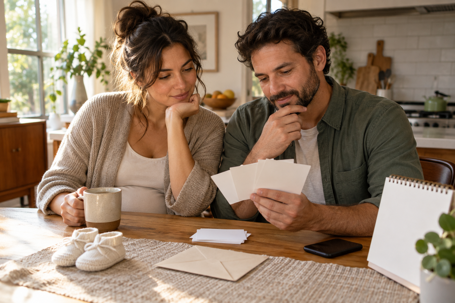 Two expectant parents discuss blank name cards at a sunlit kitchen table beside a pair of baby shoes.