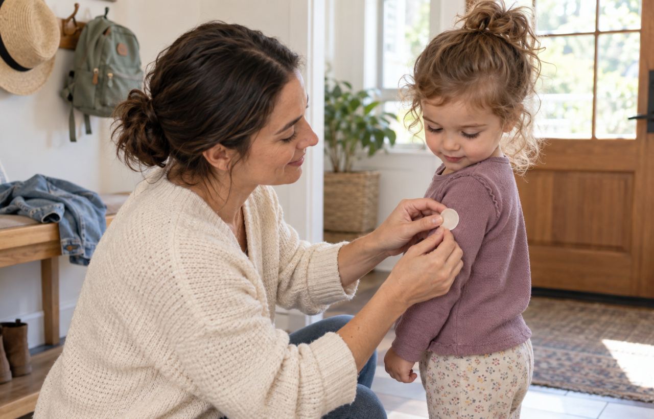 A caregiver presses a small plain circular patch onto the outside of a toddler's long-sleeved shirt in a bright family entryway.