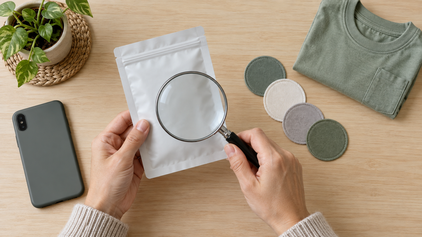Adult hands examine a blank patch pouch with a magnifying glass beside plain clothing patches and a folded child's shirt.