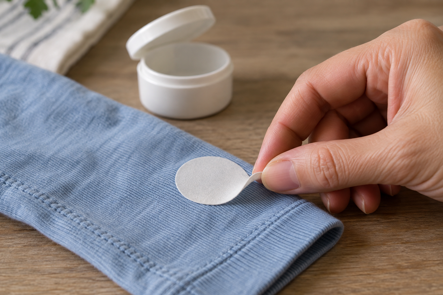 A caregiver lifts the edge of a plain circular patch on a child's sleeve to check whether it is coming loose.
