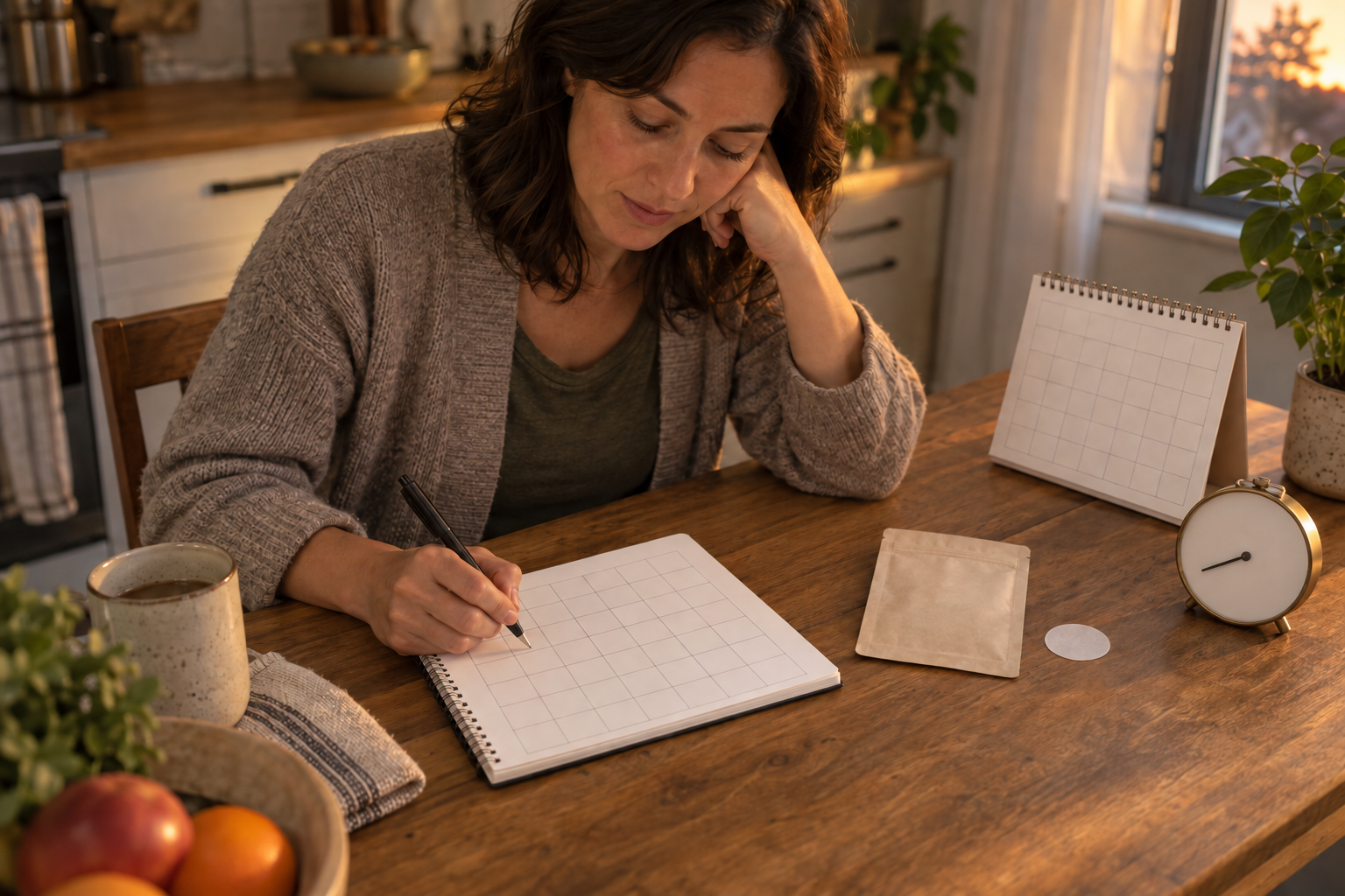A caregiver records observations in a blank-grid notebook beside an unused clothing patch, a clock, and an empty-square calendar.