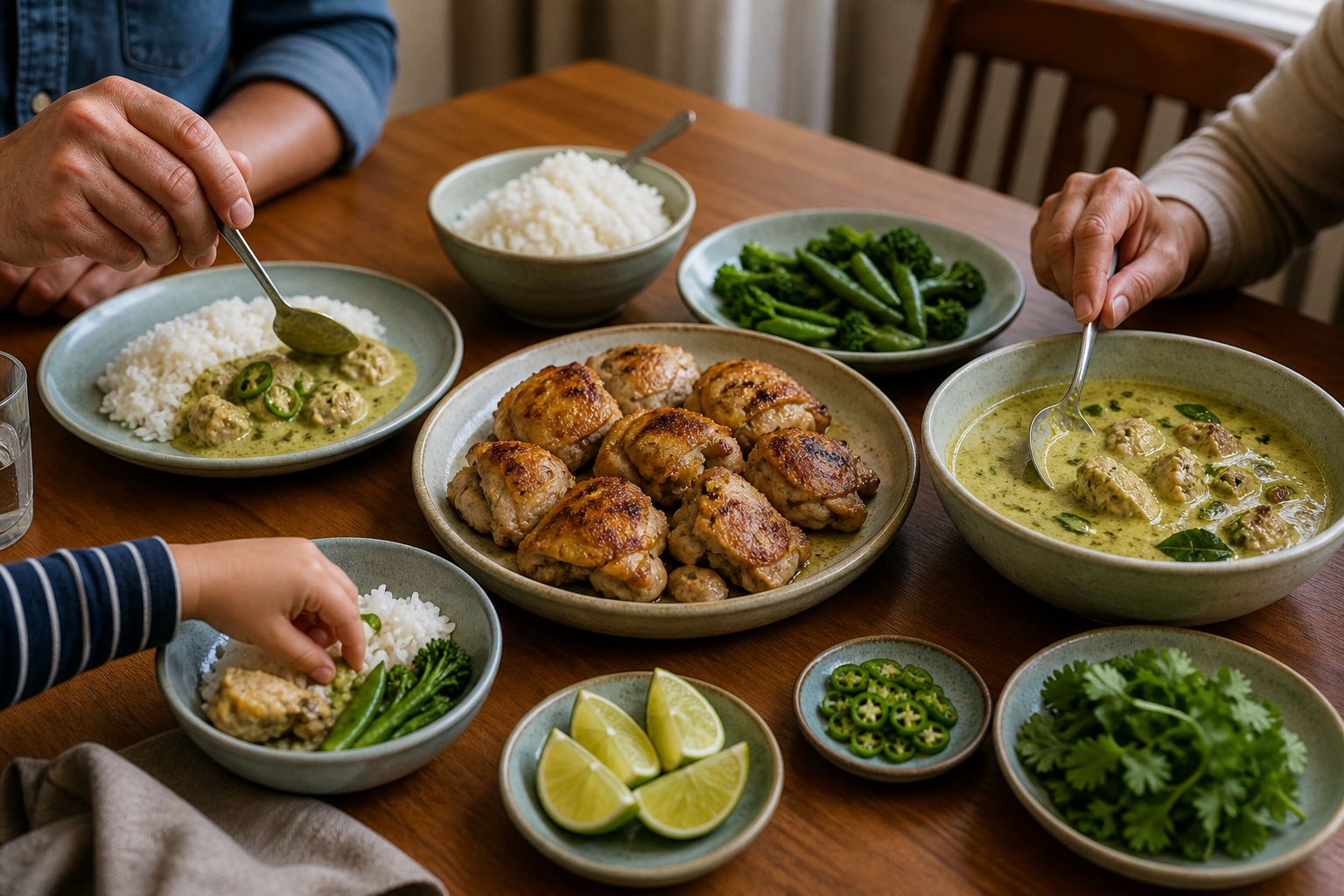 Family-style table with roasted green curry chicken, rice, vegetables and sliced chiles served separately for different plates.