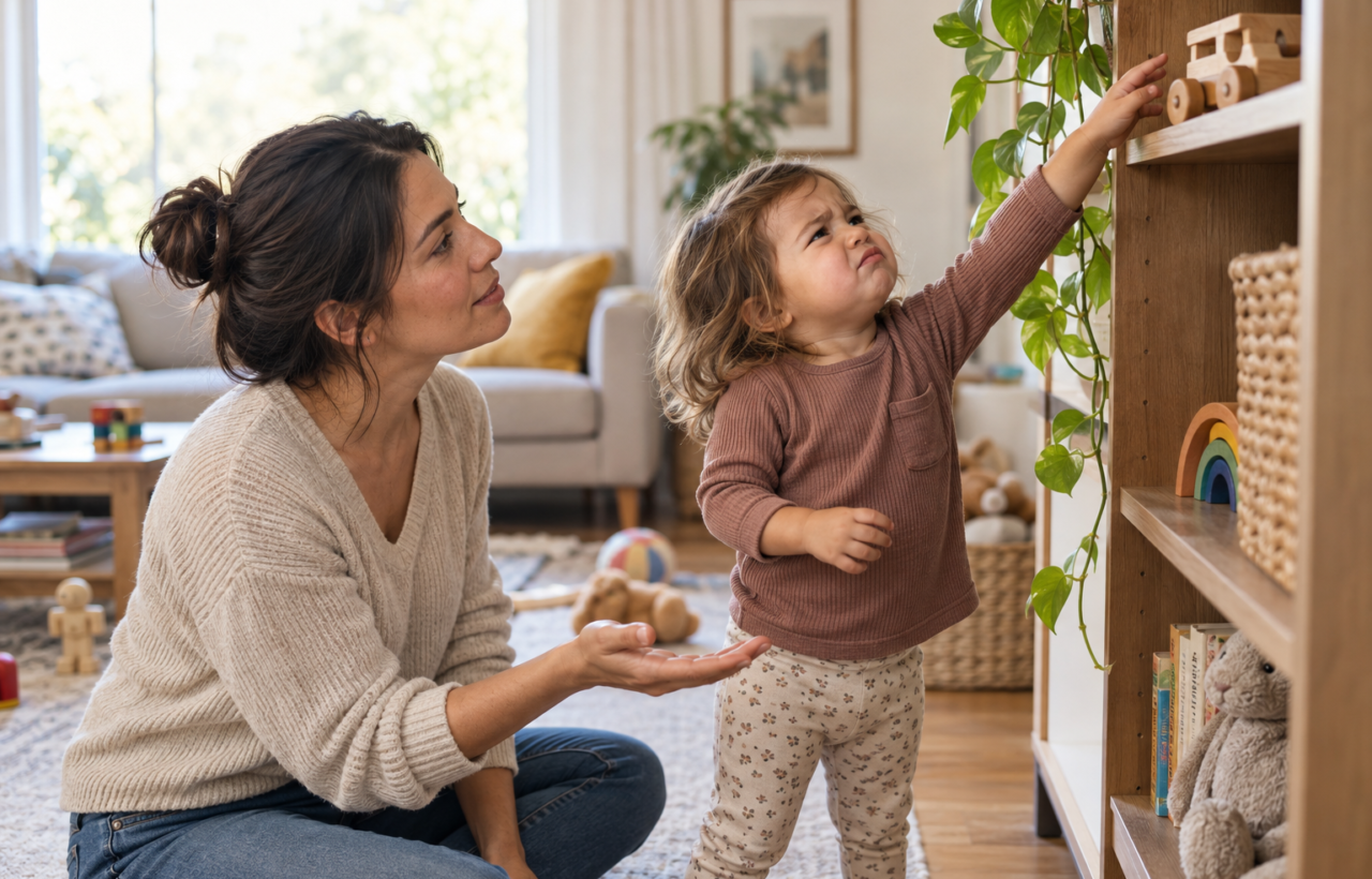A caregiver kneels at eye level and calmly listens to a frustrated toddler reaching toward a toy on a shelf.