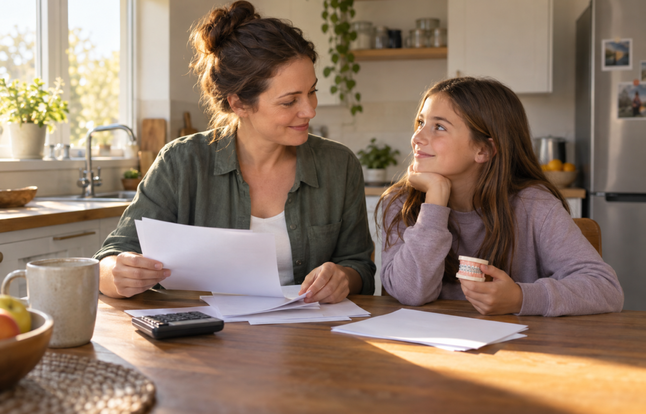 A single parent and child sit at a kitchen table with a calculator, blank papers, and an orthodontic tooth model.