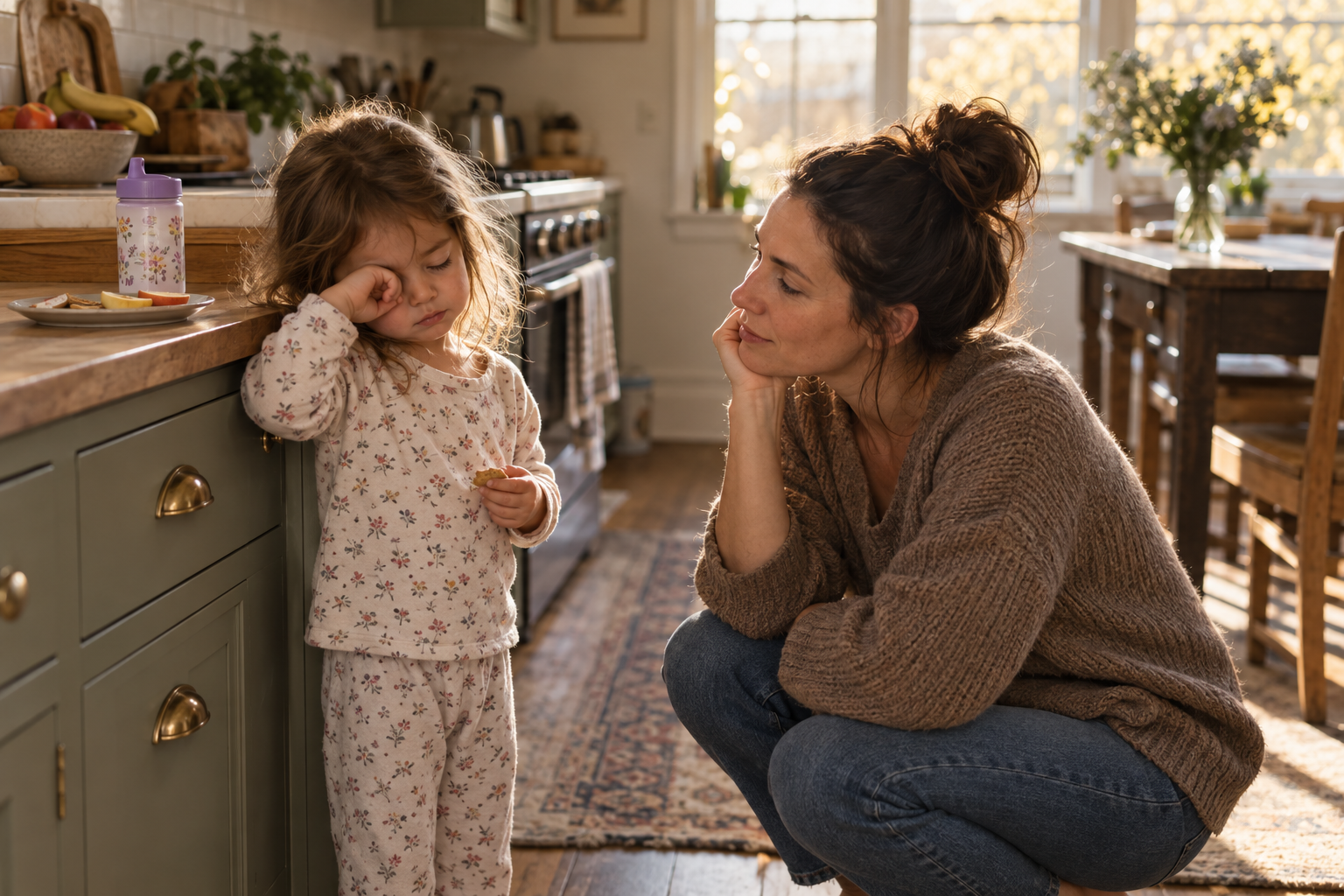A caregiver checks on a tired toddler who is rubbing one eye beside a snack and cup of water.