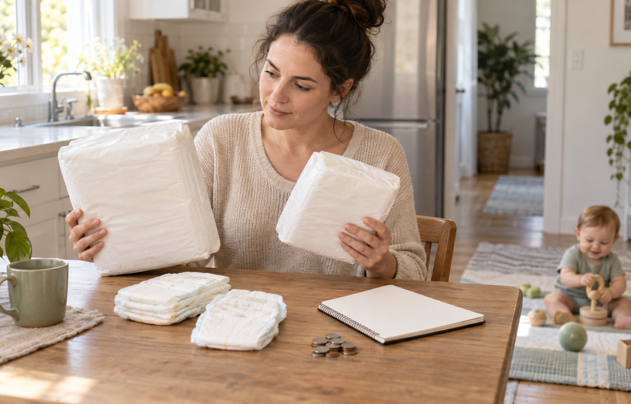 A caregiver compares unbranded diaper packages and loose diapers at a kitchen table while a baby plays nearby.