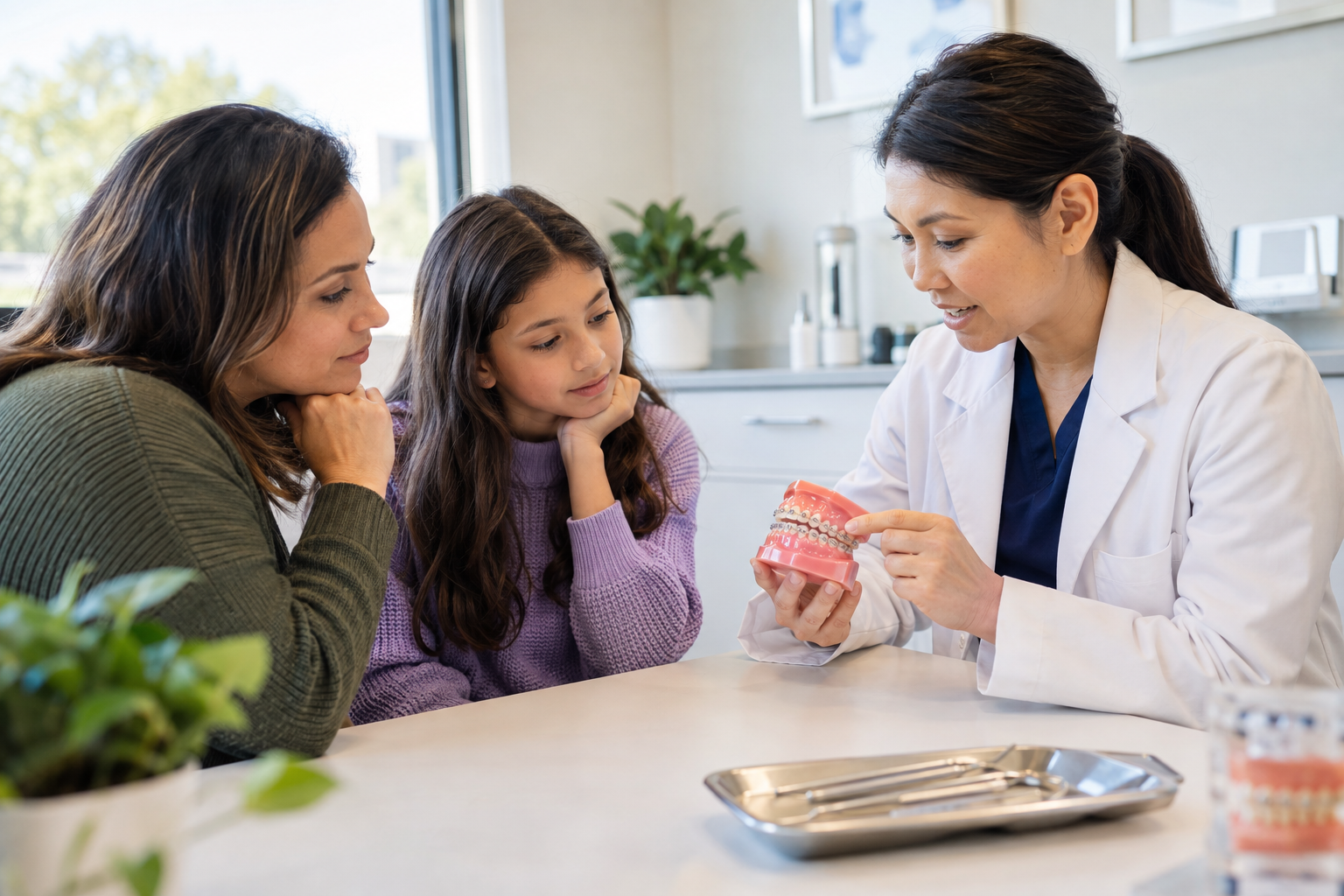 An orthodontist explains braces with a jaw model to a parent and child in a consultation room.