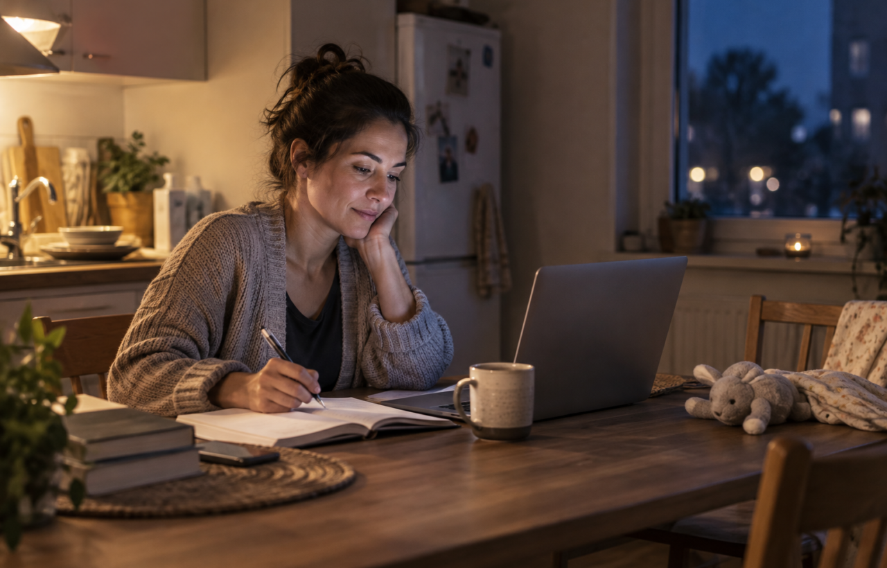 A parent studies with a laptop and notebook at a kitchen table after a child's bedtime.