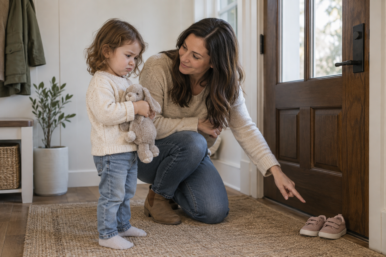 A caregiver calmly gestures toward a toddler's shoes while an upset child stands near the front door holding a toy.