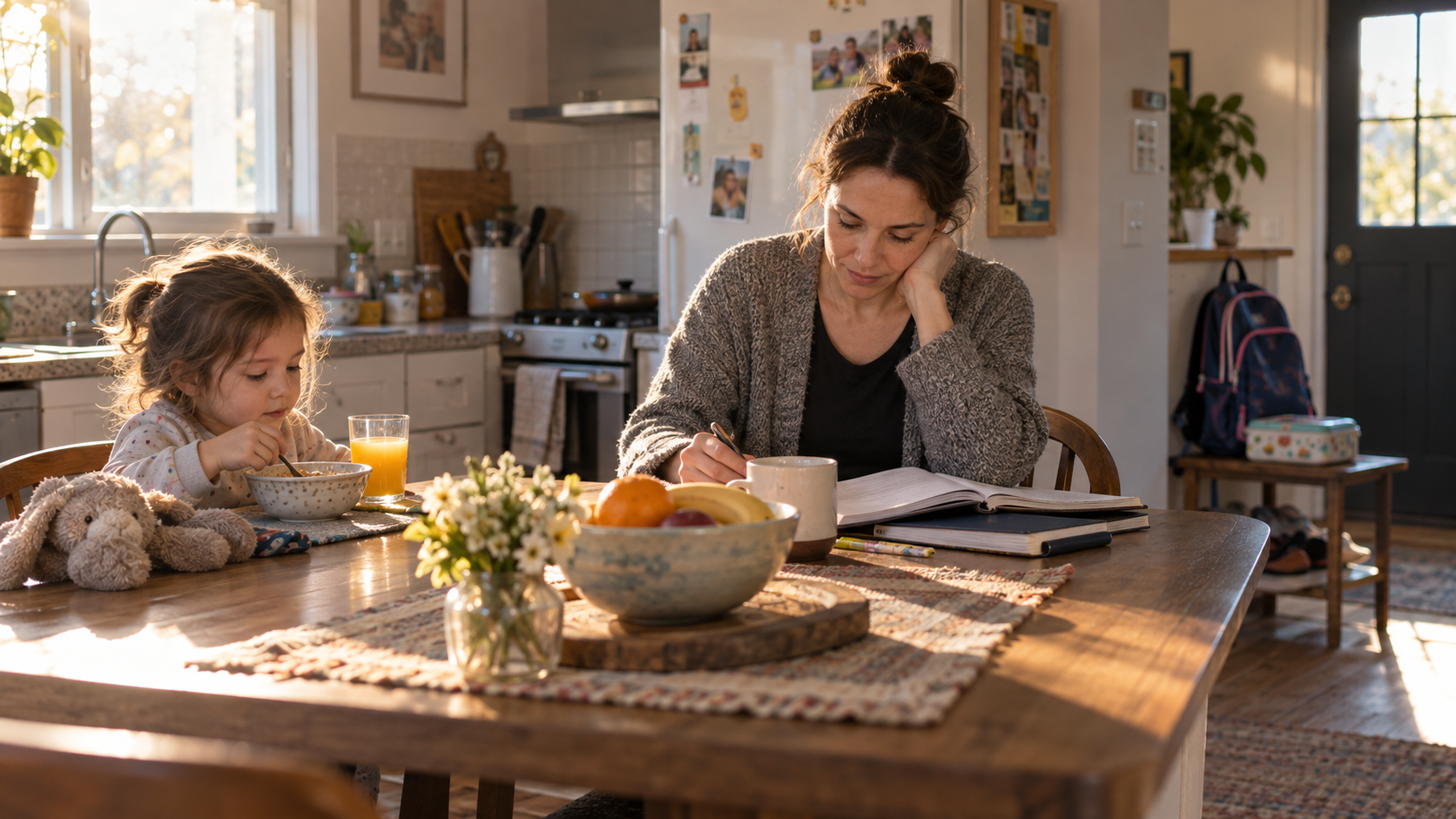 A parent reviews a notebook at the breakfast table while a child finishes a morning meal nearby.