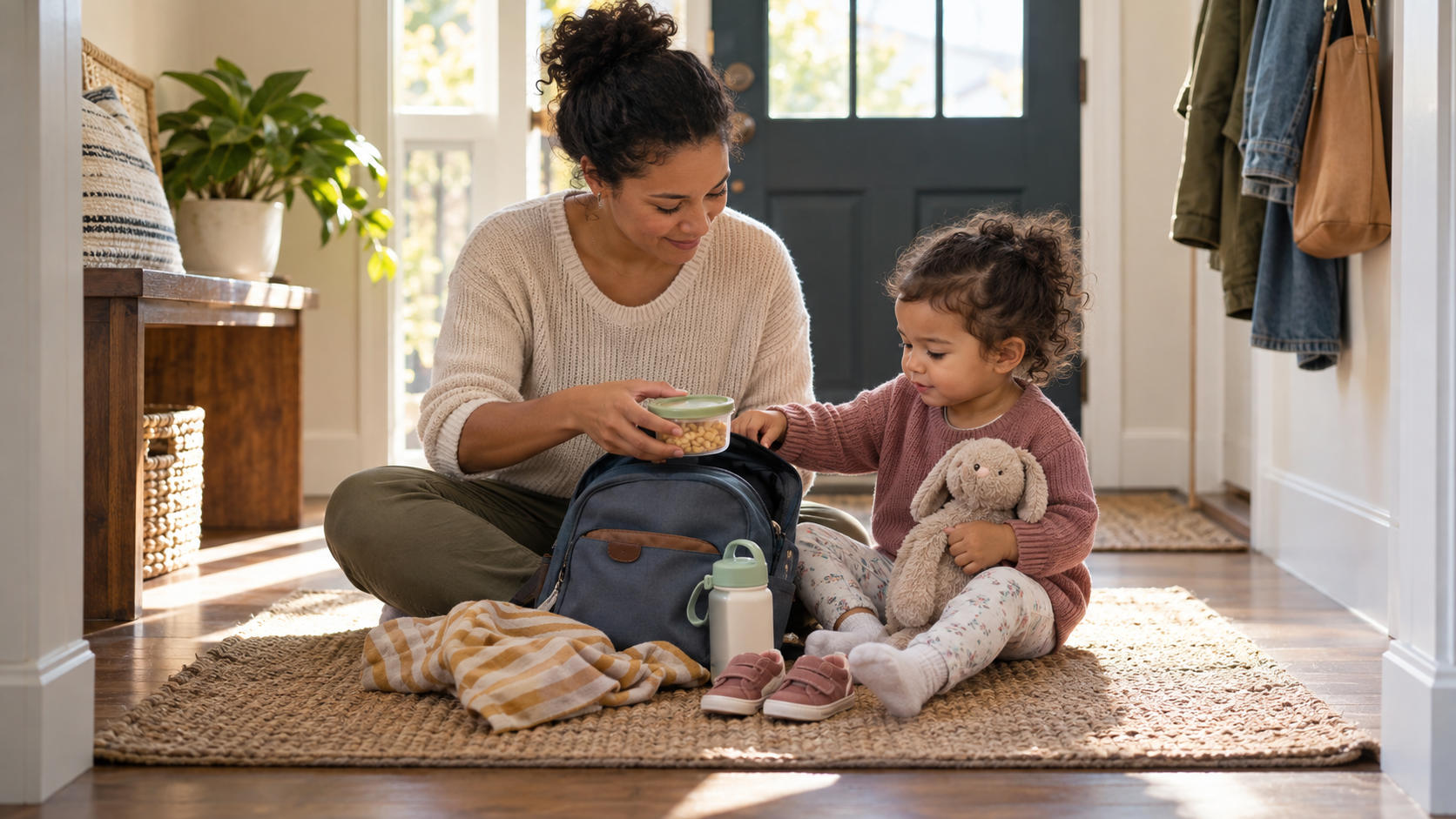 A caregiver and toddler prepare a snack, water bottle, comfort toy, and shoes together near the front door.