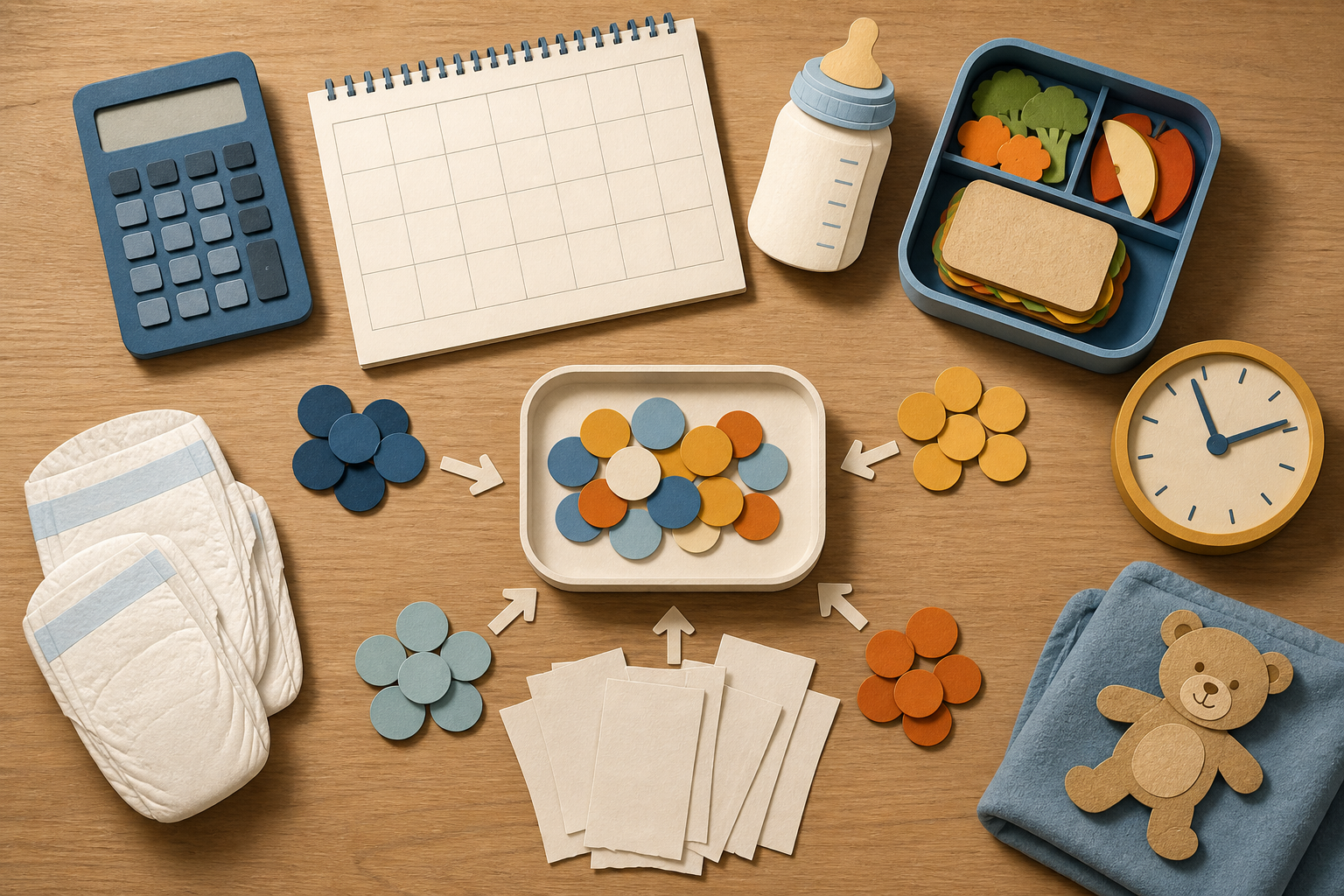 An overhead arrangement of childcare items, blank receipts, a calculator, and expense tokens gathered into one tray.