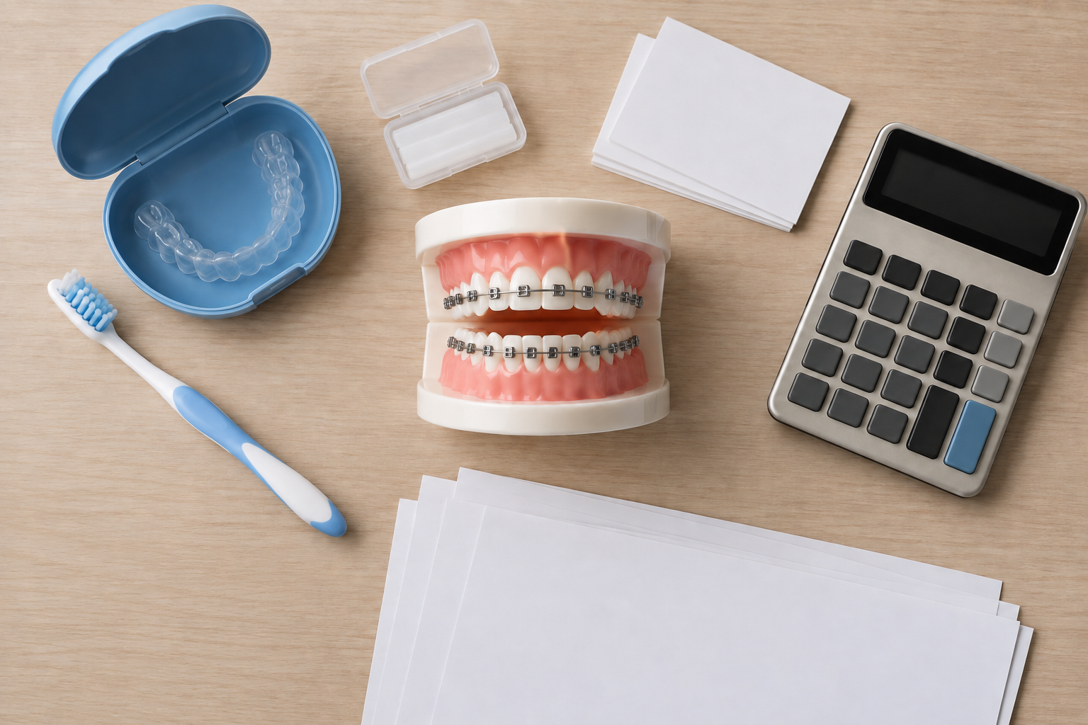A braces model is surrounded by a retainer case, dental supplies, blank papers, and a calculator on a table.