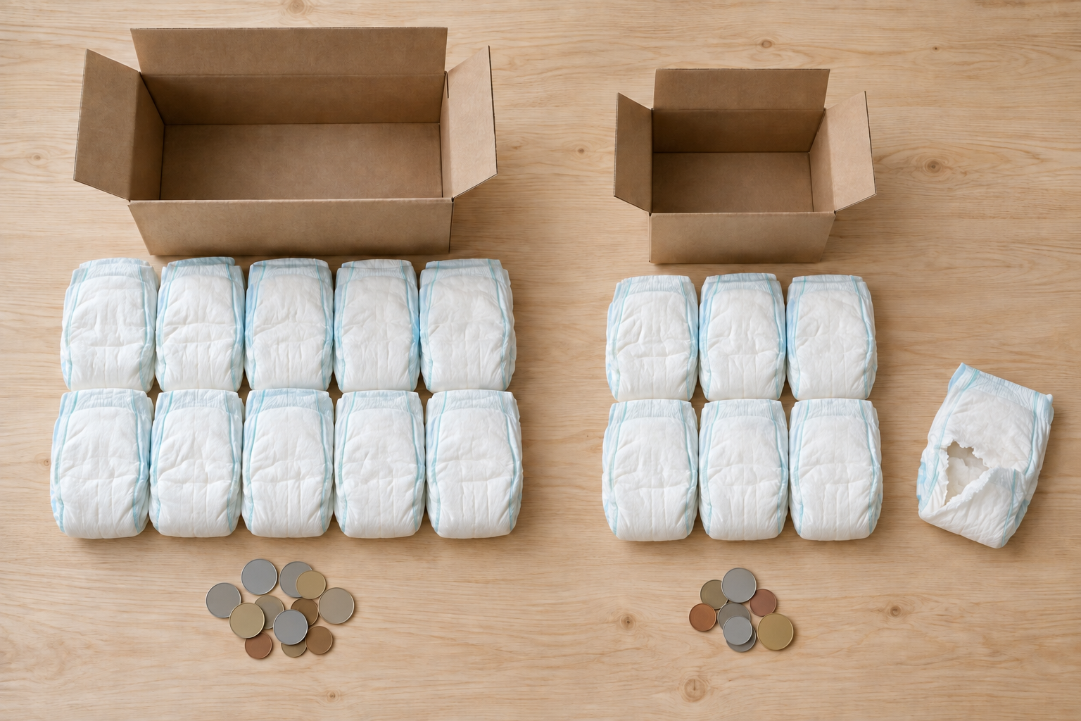 Two groups of disposable diapers, unbranded packages, and generic coins are arranged to compare quantity and usable value.