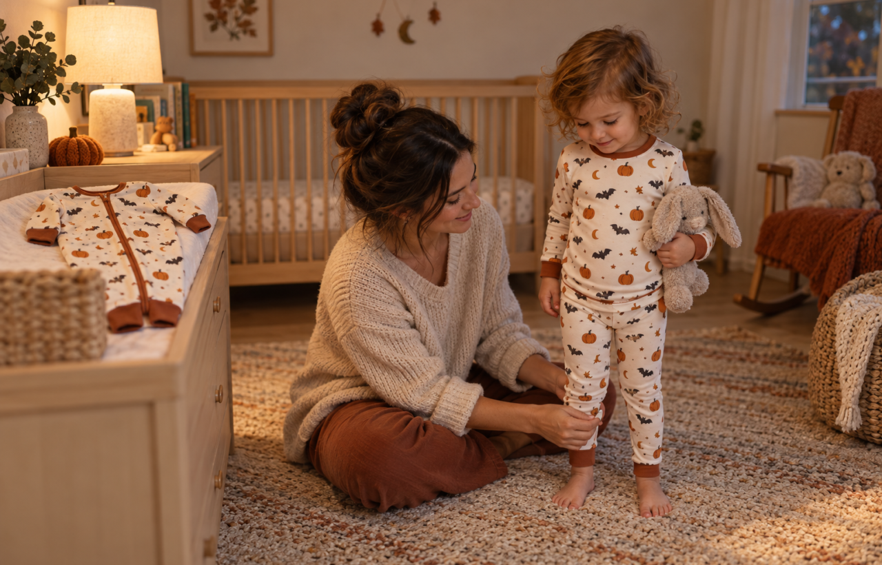 A parent helps a toddler into pumpkin-and-bat pajamas beside a folded zip-front infant sleeper in a softly lit nursery.