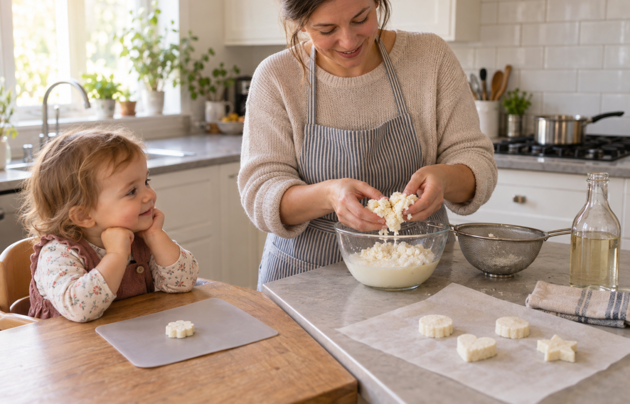 An adult handles white milk curds at a kitchen counter while a toddler watches cooled casein shapes from a nearby table.
